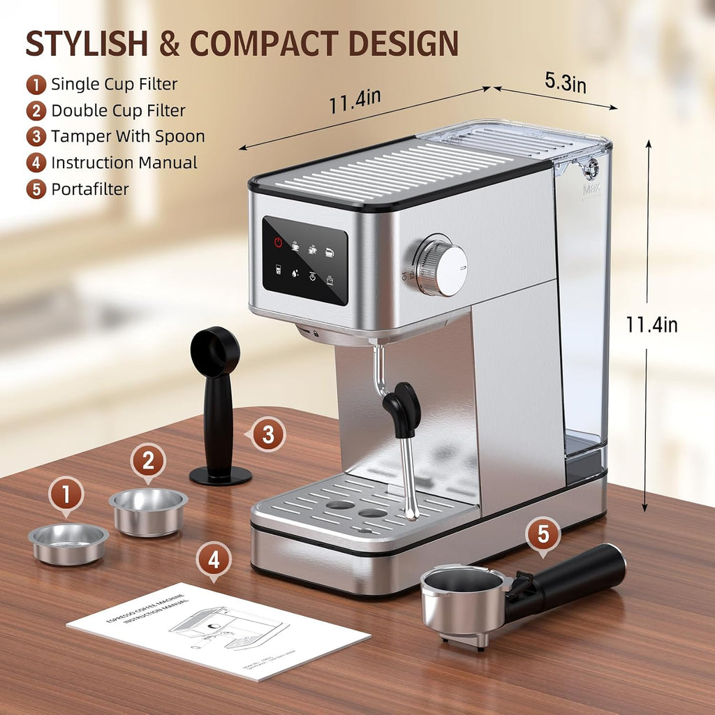 Espresso Machine with Milk Frother, 20 Bar Compact Coffee Machine with Touch Screen & 57.5oz Removable Water Tank for Home, Stainless Steel Espresso Maker for Cappuccino, Latte, Silver