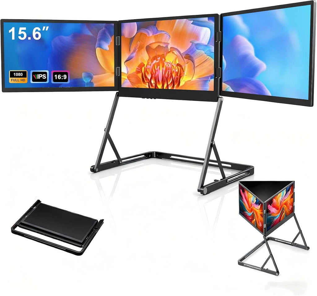 15.6' Portable Triple Monitor for Laptop, Full HD IPS Screen Extender, Play USB-C HDMI Multi-Screen Display for Windows, MacBook, Designers