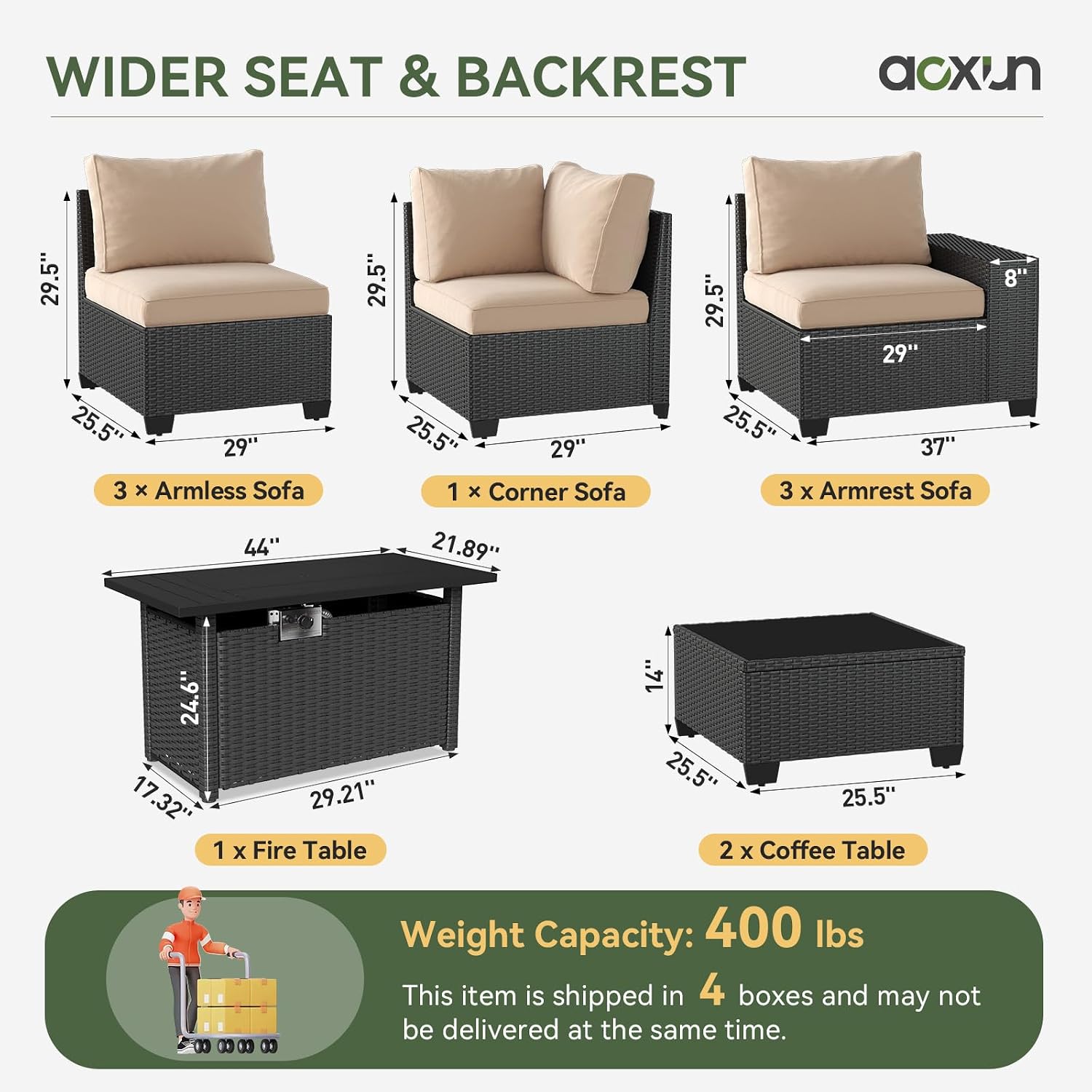 Aoxun Patio Furniture Sets with 44'' Fire Pit, 10 Pcs Outdoor Patio Coversation Set with 4'' Thicken Cushion and Coffee Table, Widen Armrests Wicker Outdoor Sectional for Backyard & Garden, Beige