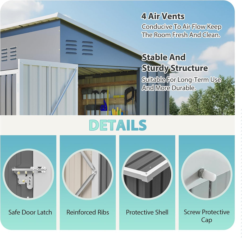 YOPTO 4x8 FT Outdoor Storage Shed with Floor Frame,Metal Shed W/Left/Right Optional Lockable Door,Heavy-Duty Garden Tool Storage House W/ 4 Air Vents & Sloping Roof,for Backyard,Patio,Lawn,Gray