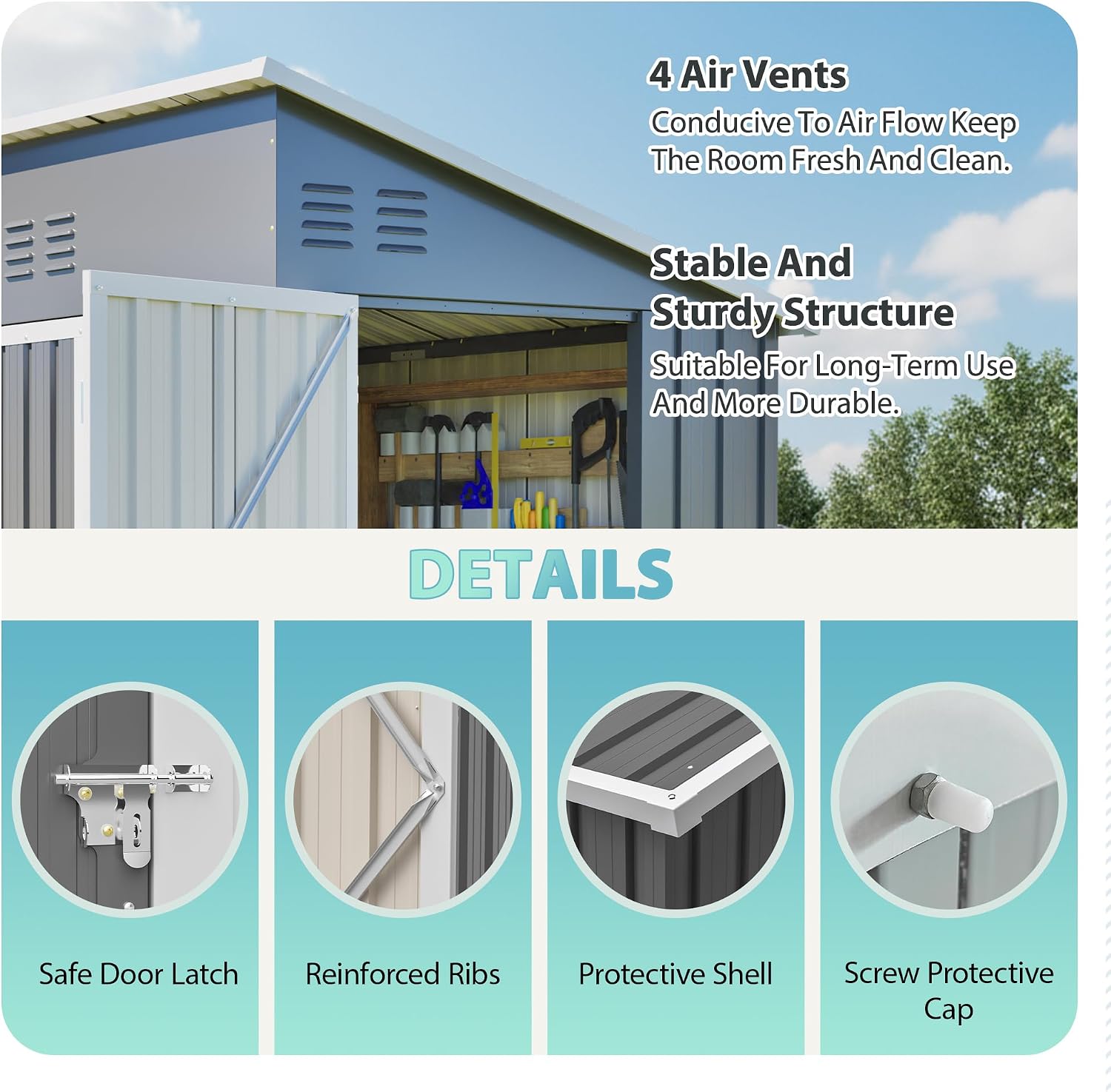 YOPTO 4x8 FT Outdoor Storage Shed with Floor Frame,Metal Shed W/Left/Right Optional Lockable Door,Heavy-Duty Garden Tool Storage House W/ 4 Air Vents & Sloping Roof,for Backyard,Patio,Lawn,Gray