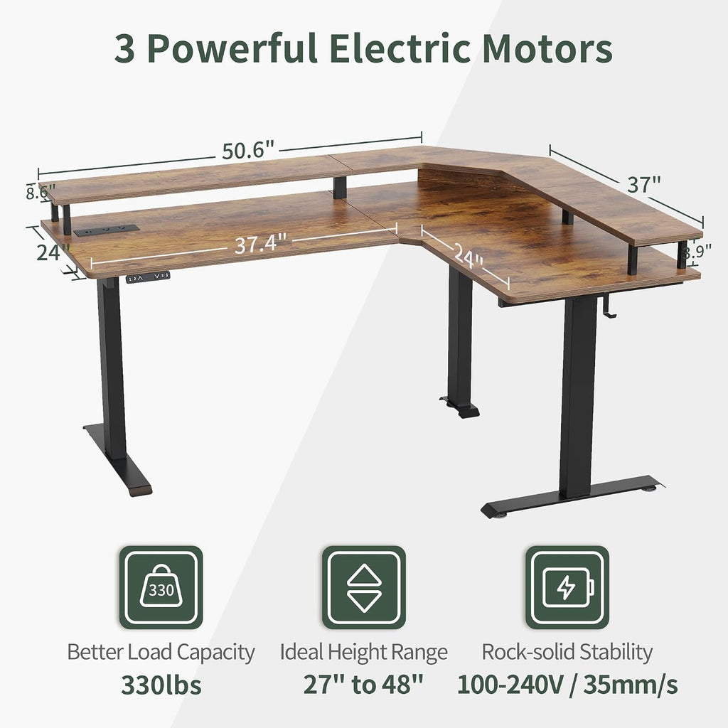 FEZIBO 63' Triple Motor L Shaped Standing Desk with LED Strip & Power Outlets, Height Adjustable Stand up Corner Gaming Desk with Ergonomic Monitor Stand, Rustic Brown Top/Black Frame