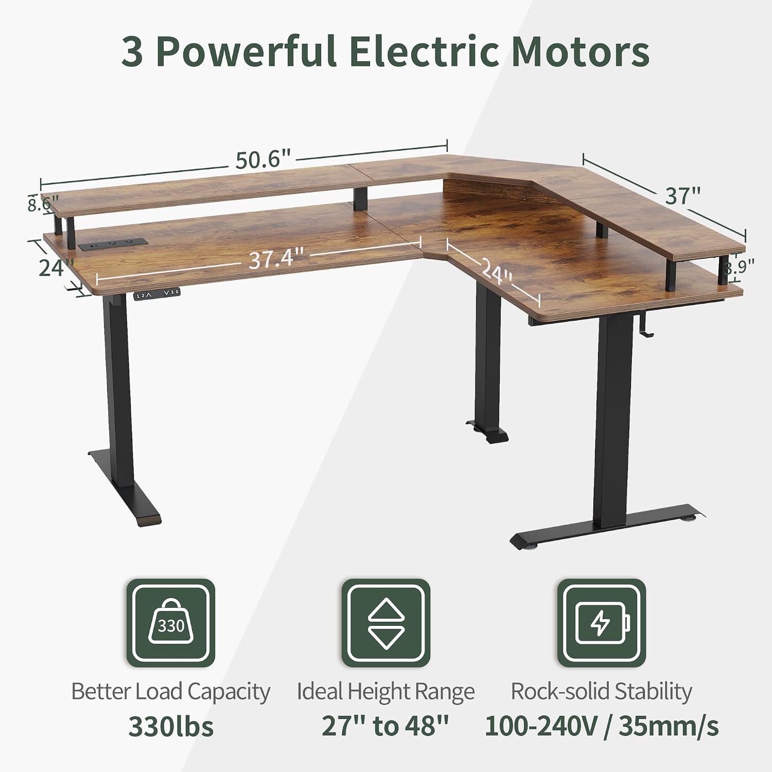 FEZIBO 63' Triple Motor L Shaped Standing Desk with LED Strip & Power Outlets, Height Adjustable Stand up Corner Gaming Desk with Ergonomic Monitor Stand, Rustic Brown Top/Black Frame