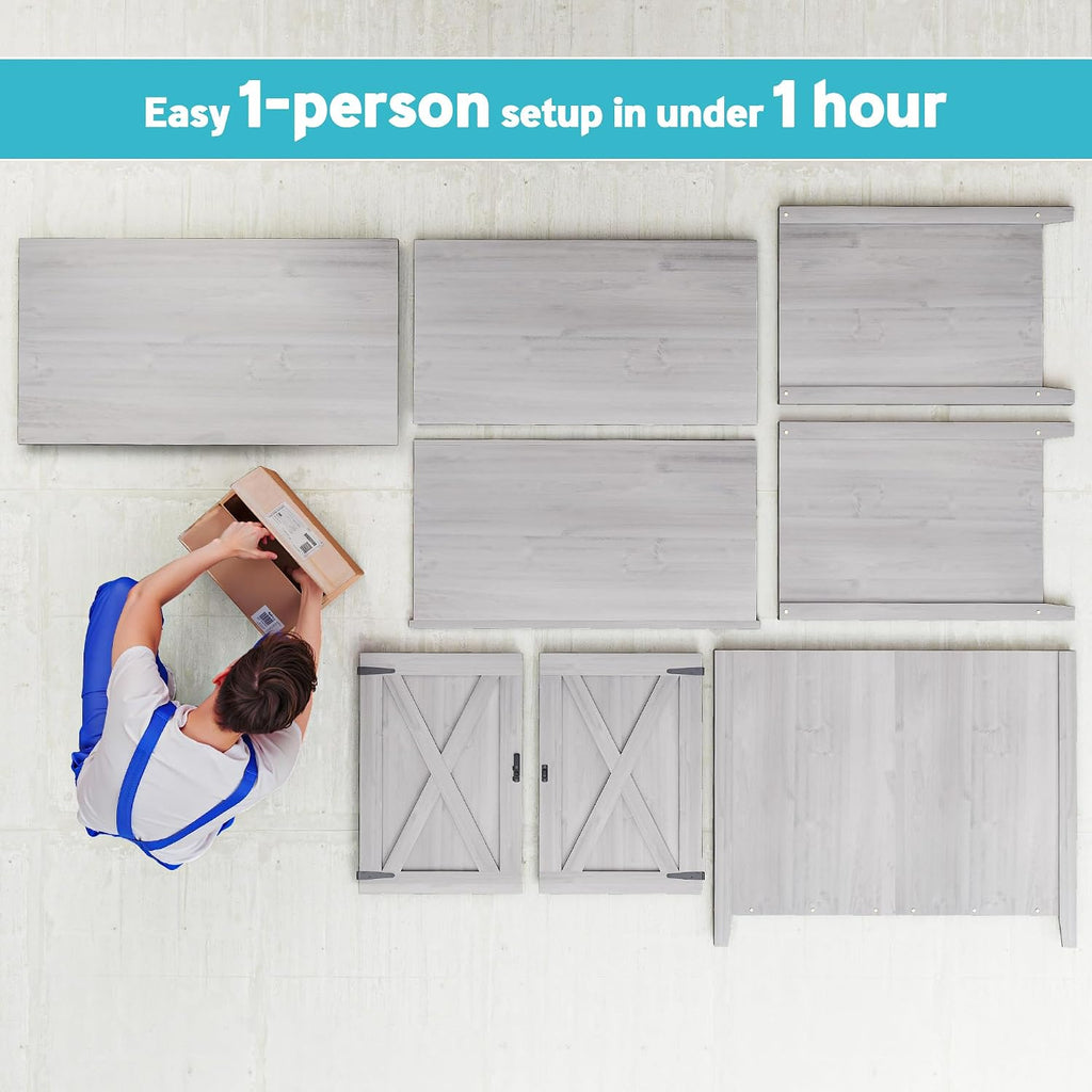 Outsunny Wood Garden Shed, Compact Outdoor Storage Cabinet Potting Shed with Inner Shelf and Double Doors for Backyard, Patio, Lawn, Light Gray