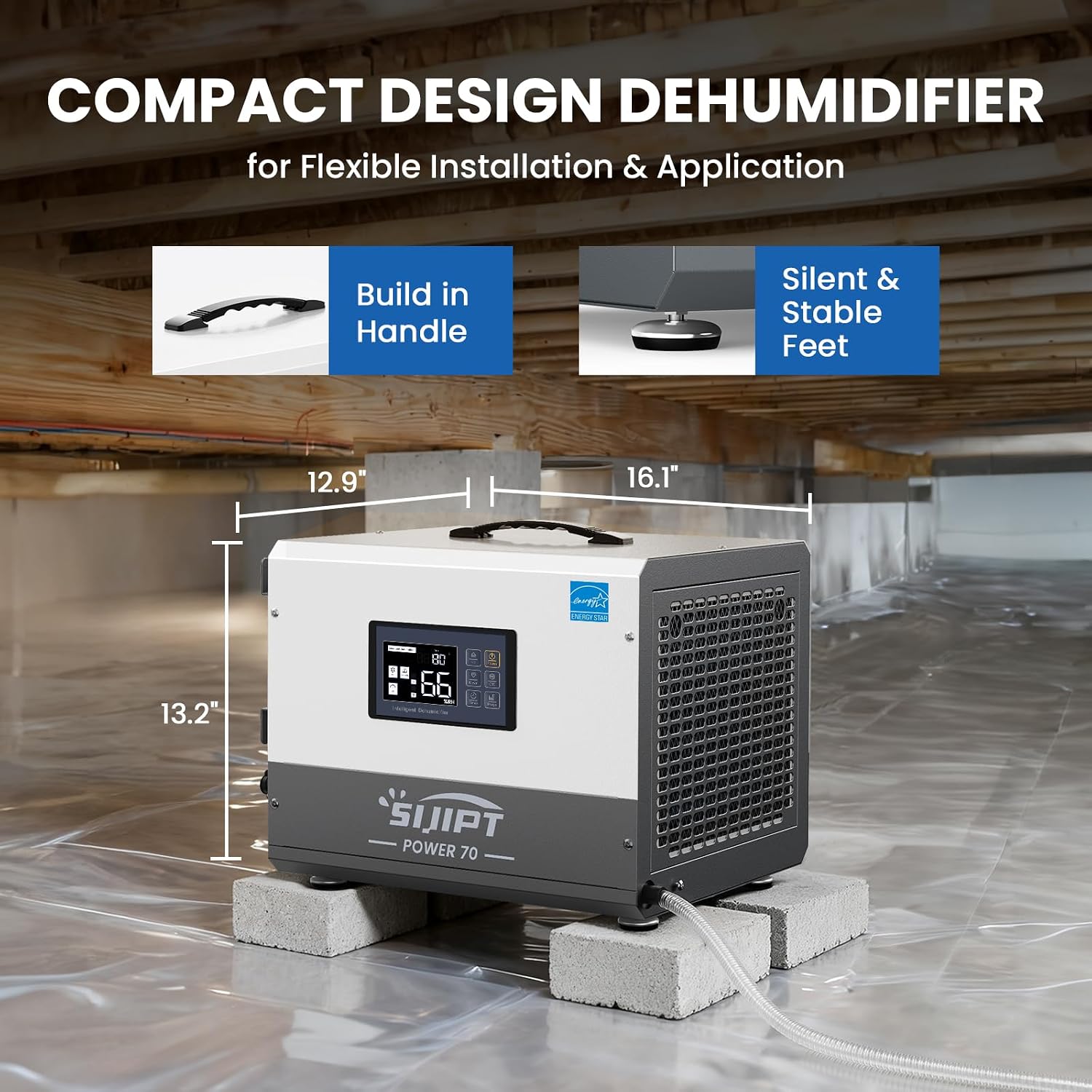 Crawl Space Dehumidifier with Pump, 70 Pints Energy Star Commercial Dehumidifiers for Basement and Home, Compact Dehumidifier for Spaces up to 1000 Sq Ft with Auto Defrost, Memory Starting