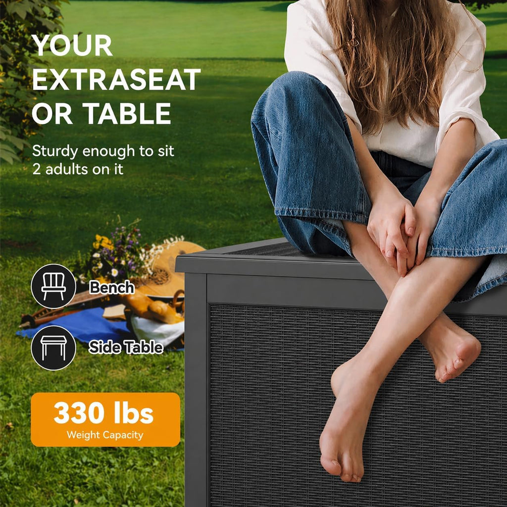 KAMABOKO 300 Gallon Outdoor Storage Box, Resin Deck Boxes Indoor and outdoor, Waterproof Storage Box Lockable Lid for Garden Tools, Package Delivery, Patio Cushions, Black