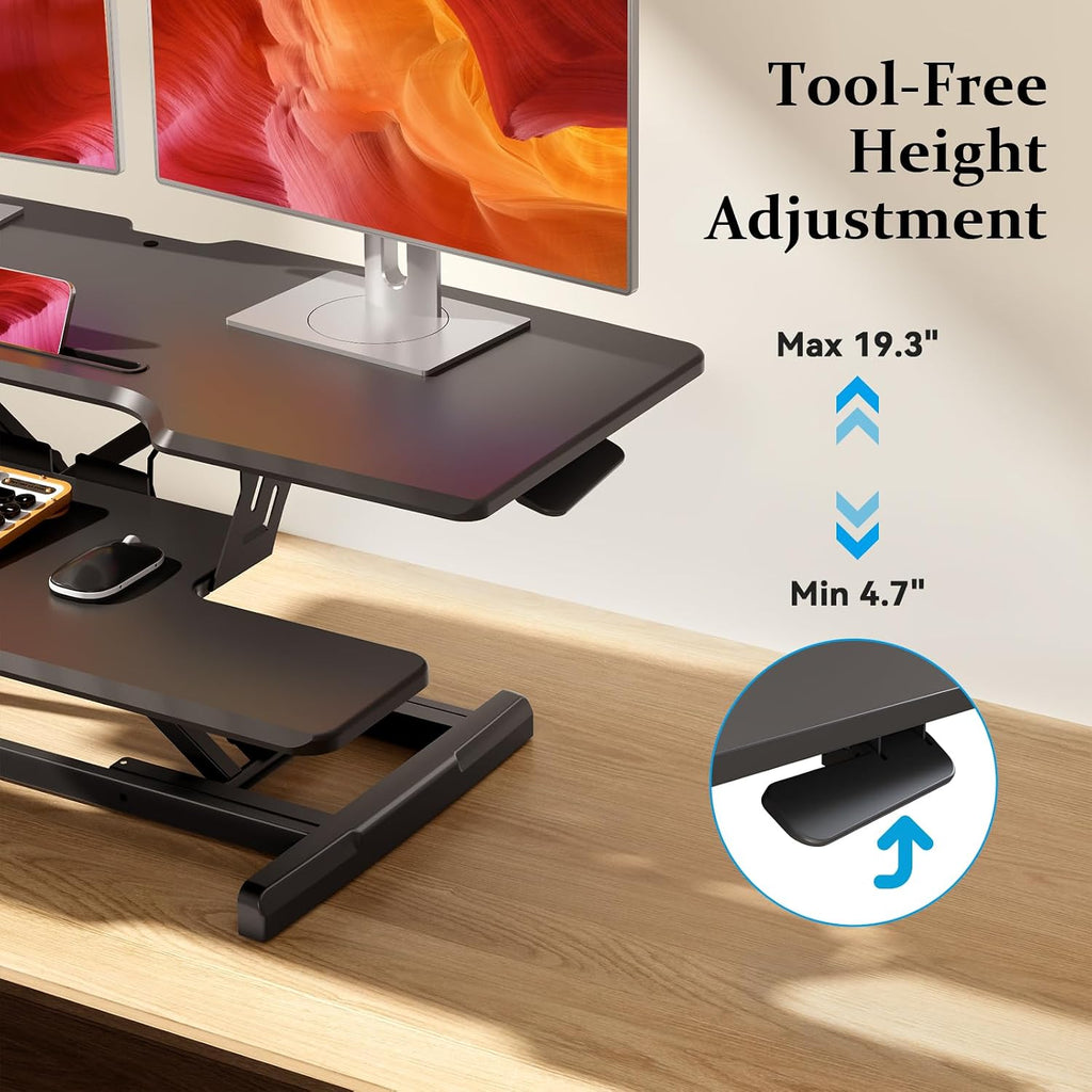 42 inch Standing Desk Converter, Height Adjustable Desktop Standing Desk with Keyboard Tray for Two Monitors, Sit to Stand up Desk Riser Computer Workstation for Home Office, Black