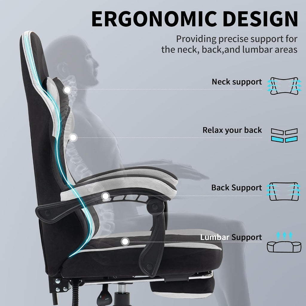 Gaming Chair with Footrest for Adults - Ergonomic Gaming Chairs with Foot Rest - Big and Tall Computer Game Chair - Fabric Reclining Video Game Chairs with Spring Cushion - Black/Light Grey