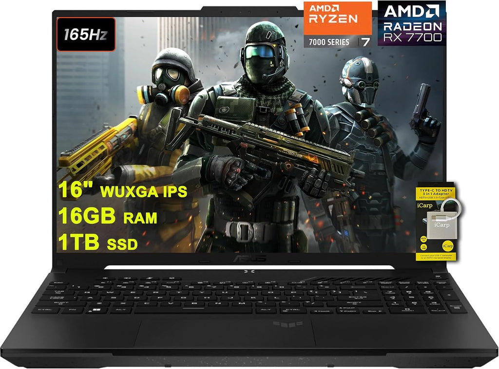 ASUS TUF Gaming A16 Laptop 16' WUXGA 165Hz 100% sRGB AMD 8-core Ryzen 7 7735HS 16GB RAM 1TB SSD Radeon RX 7700S 8GB (>RTX4060) Backlit USB4 Fast Charge AI Noise Cancelation Win11 w/ICP Accessory