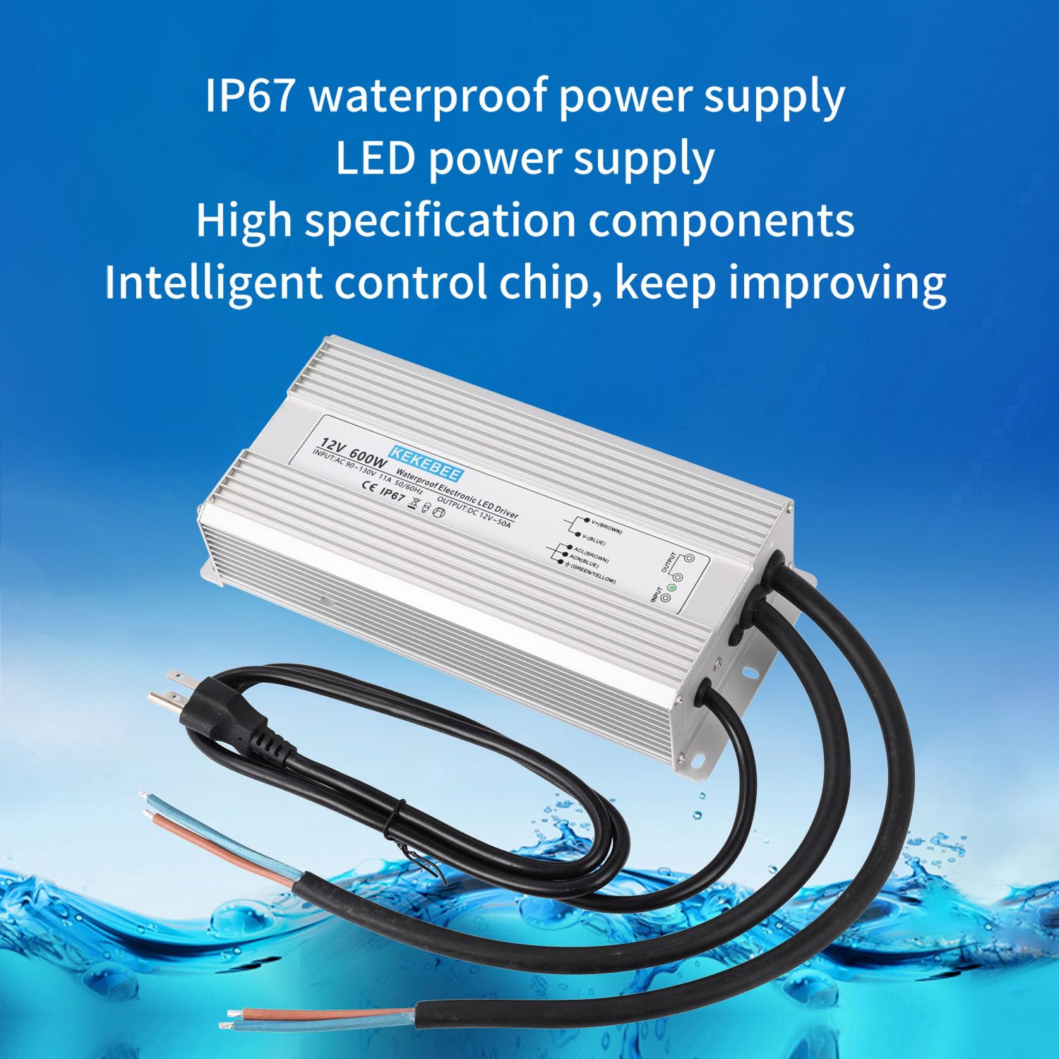 LED Driver 12V600W Waterproof Power Supply 110V/130V AC to 12V DC 50A Low Voltage Transformer IP67 Hotel Exterior Wall Landscape Light LED Light with Spotlight Switch Power Supply