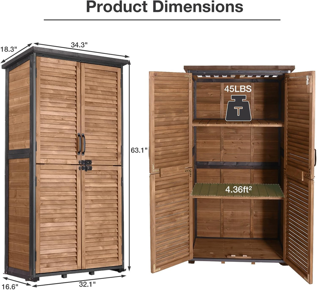 Outdoor Storage Cabinet Waterproof, Storage Shed with Sturdy Iron Frame & Anti-Corrosion Wood, Louvered Door Lockable Cabinet for Patio Garden Backyard, 63' H
