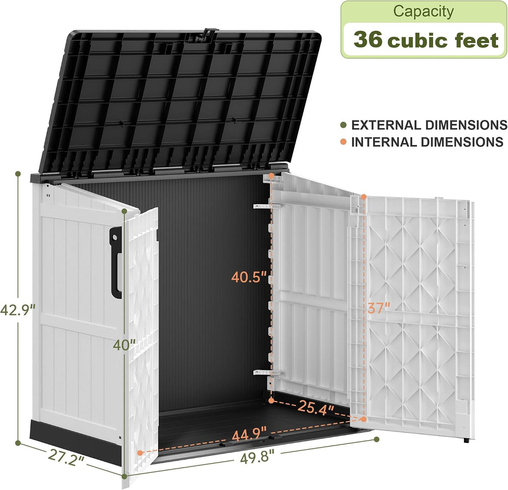 Plastic Outdoor Storage Shed, 36 Cu Ft Waterproof Outdoor Storage Cabinet with Dual Lock Door for Backyard, Patio, Garage, Garden to Store Tools & Accessories, Wood-Grain（Ashen