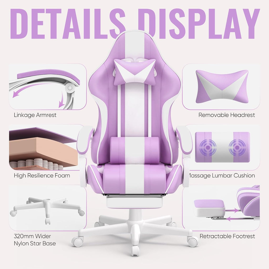 Ferghana Gaming Chairs, Ergonomic Racing Style PC Game Computer Chair with Headrest Lumbar Support Adjustable Recliner PU Leather Video Computer Chair(Light Purple)