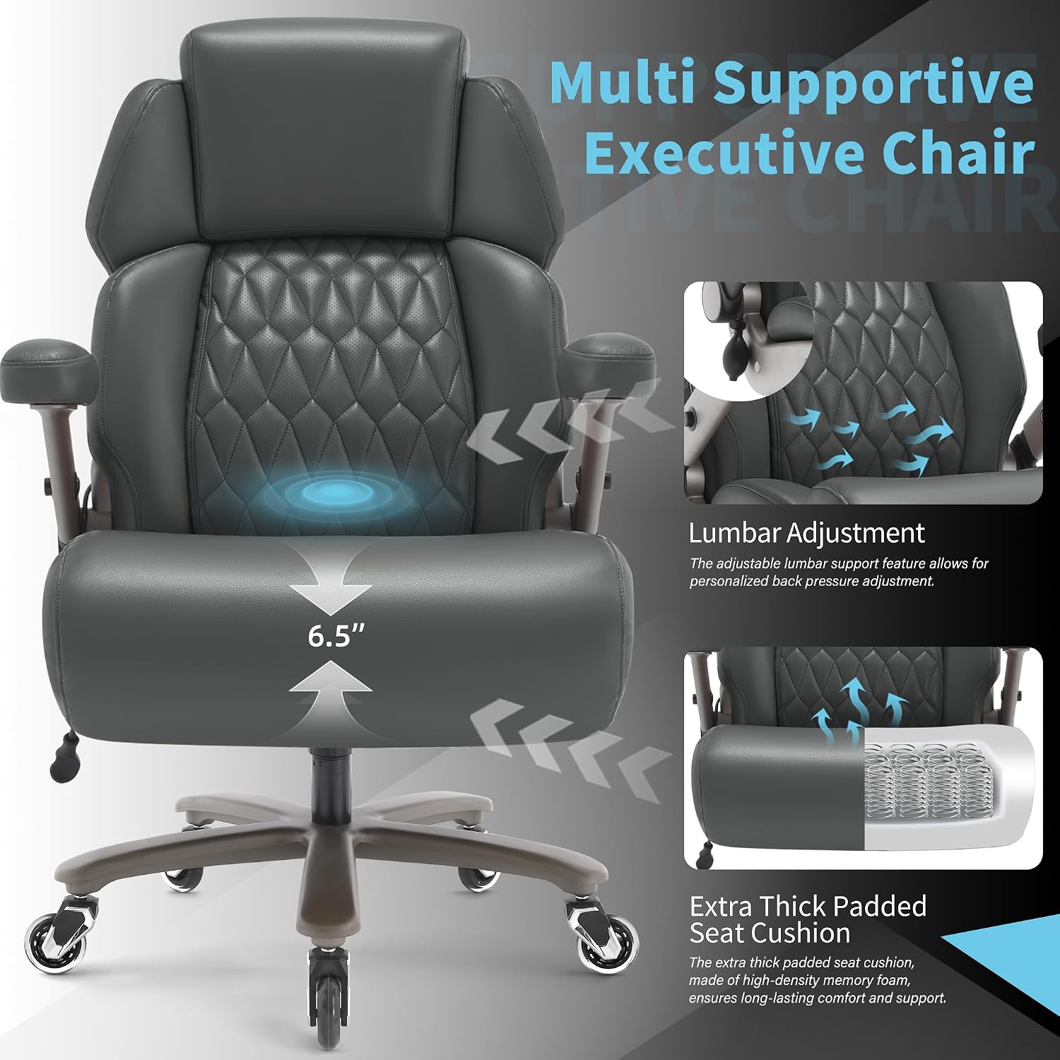 Big and Tall Office Chair 700lbs - Adjustable Headrest&Lumbar Support, 3D Flip Arms, Large Wheels &Heavy Duty Metal Base, Ergonomic High Back Computer Chair Desk Chair, Thick Padded Extra Wide Seat