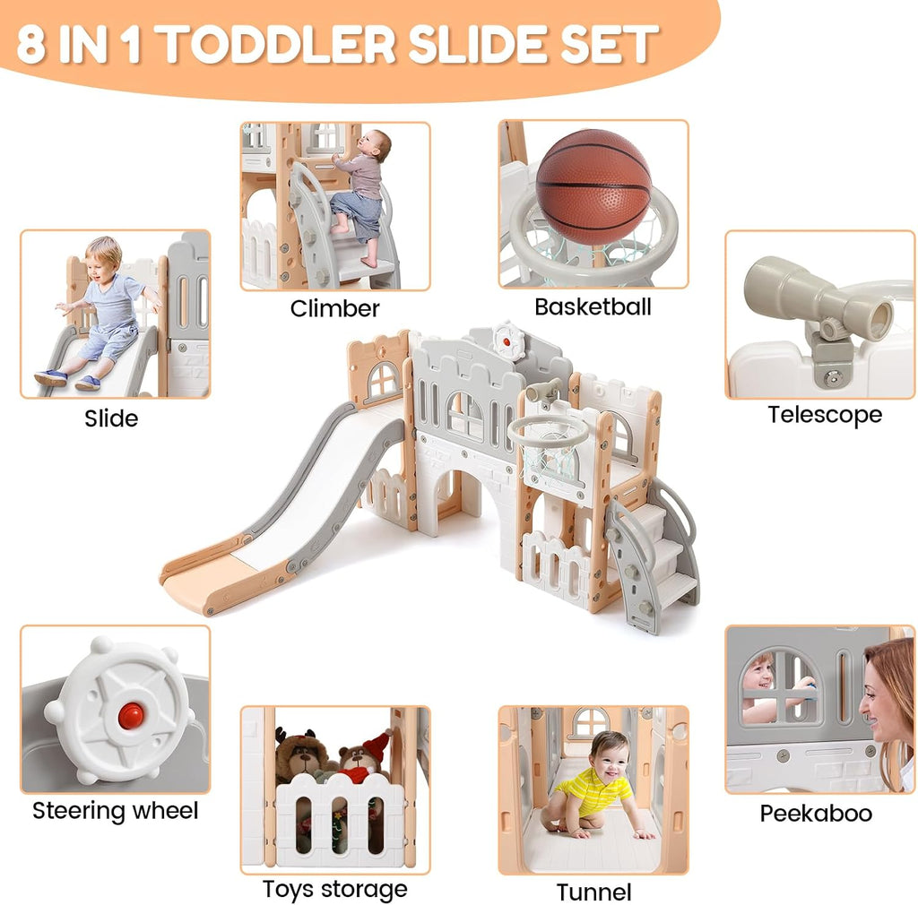 8 in 1 Toddler Slide Playset, Toddler Indoor Playground for Kids 1-3, Baby Outdoor Indoor Playset with Slide, Climber, Tunnel, Basketball Hoop, Toy Storage and Telescope for Toddlers Age 1-3