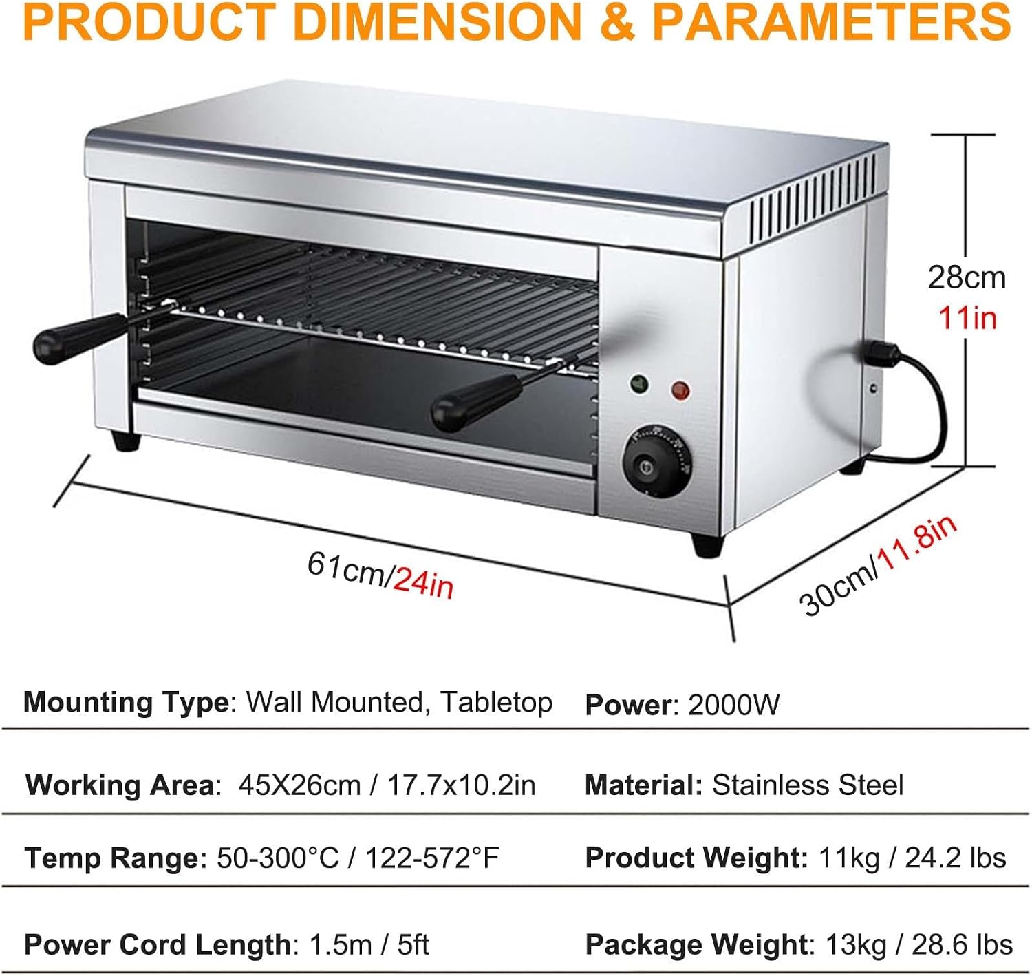 No-Smoke Electric Indoor Grill With 2000W Fast Heating - 30L Large Capacity, 4 Level Adjustable Rack System, 50-300°C Thermostat, Wall Mountable Design