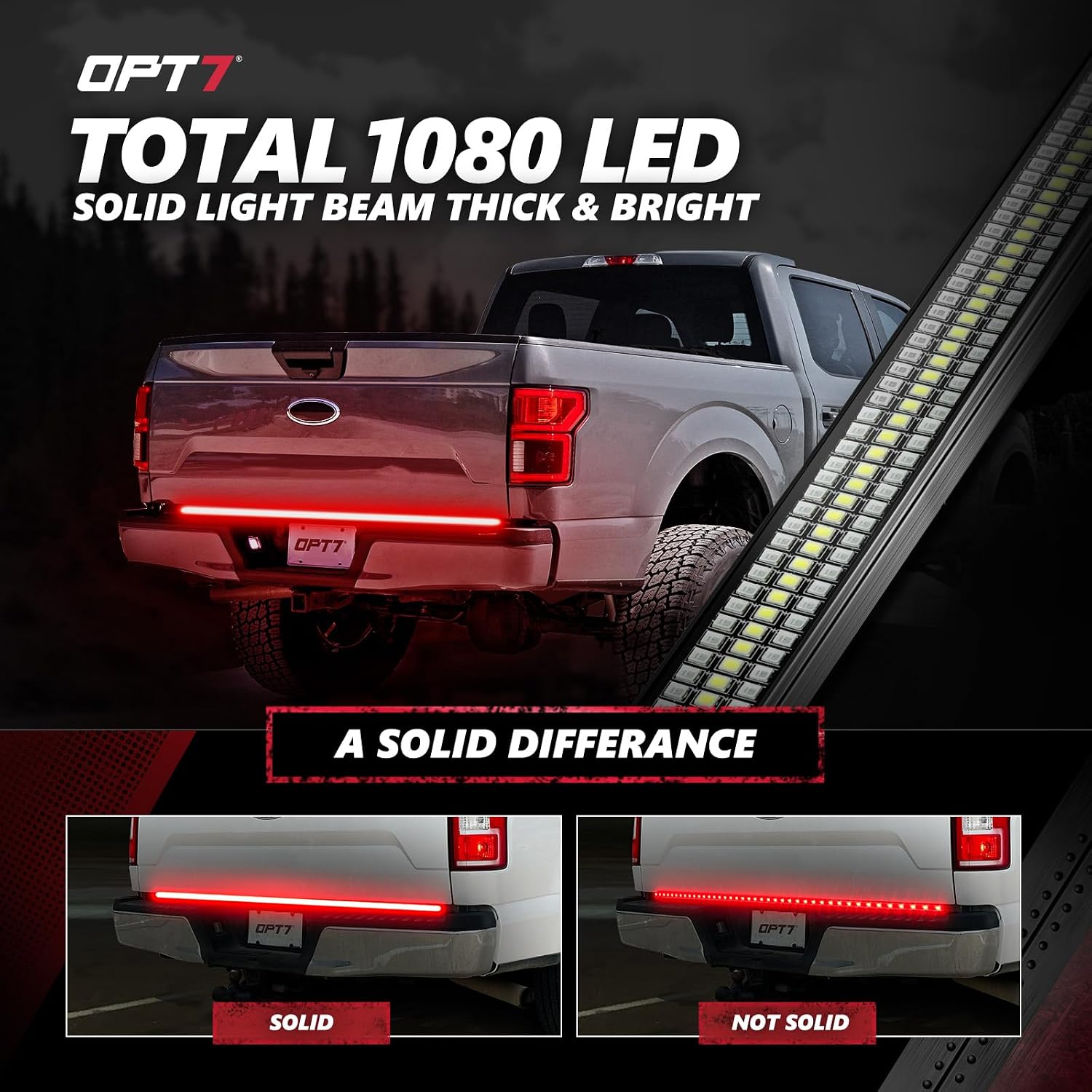 OPT7 Dynamic Taillight for F150 2015-2020 w/Blind Spot Monitor – Redline 60' Aluminum Rigid 1-Piece Triple Row LED Truck Tailgate Light Bar w/Sequential Red Turn + Plug'n'Play Harness