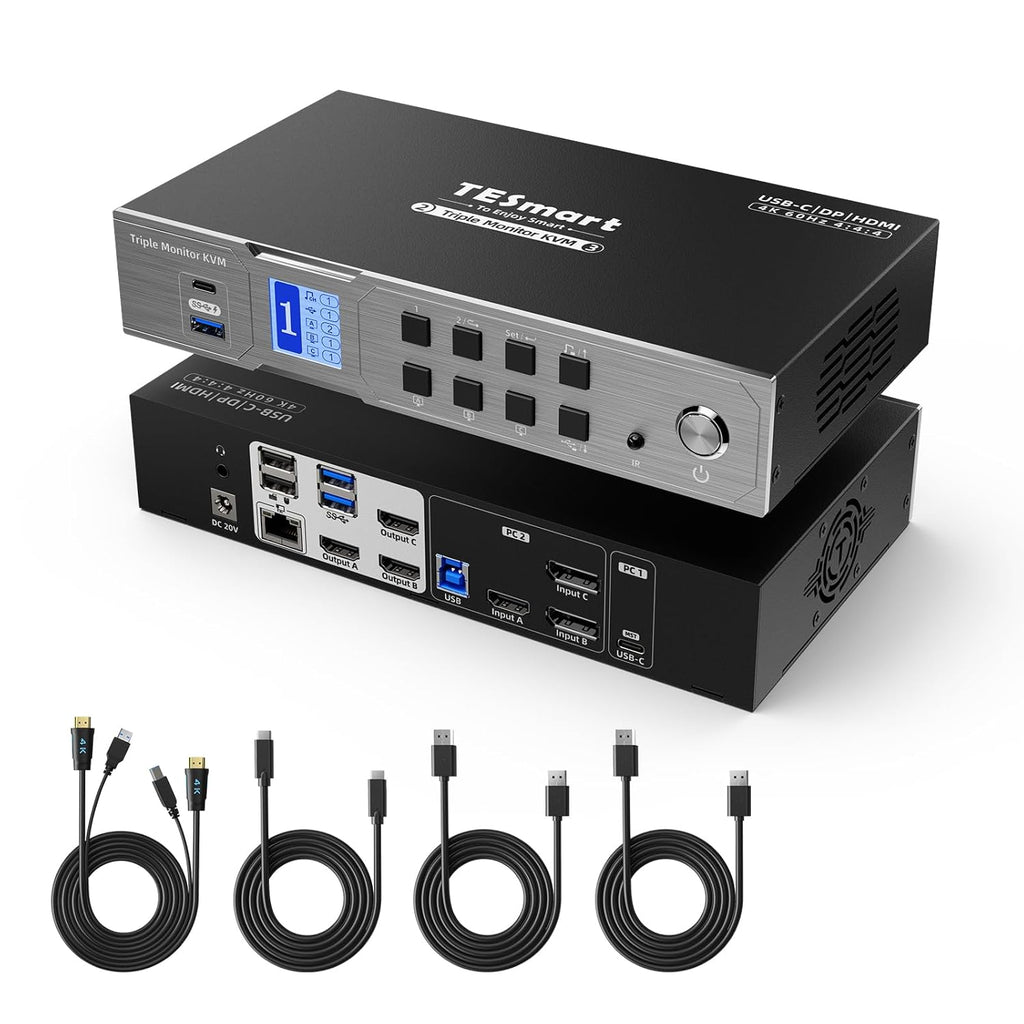 TESmart USB-C MST&EDID KVM Switch 3 Monitors 2 Computers HDMI+DisplayPort, 4K@60Hz KVM Switch Triple Monitor Dock for Laptop&Desktop, USB 3.0, Charging for Laptop, 1G Ethernet, Hotkey Switch