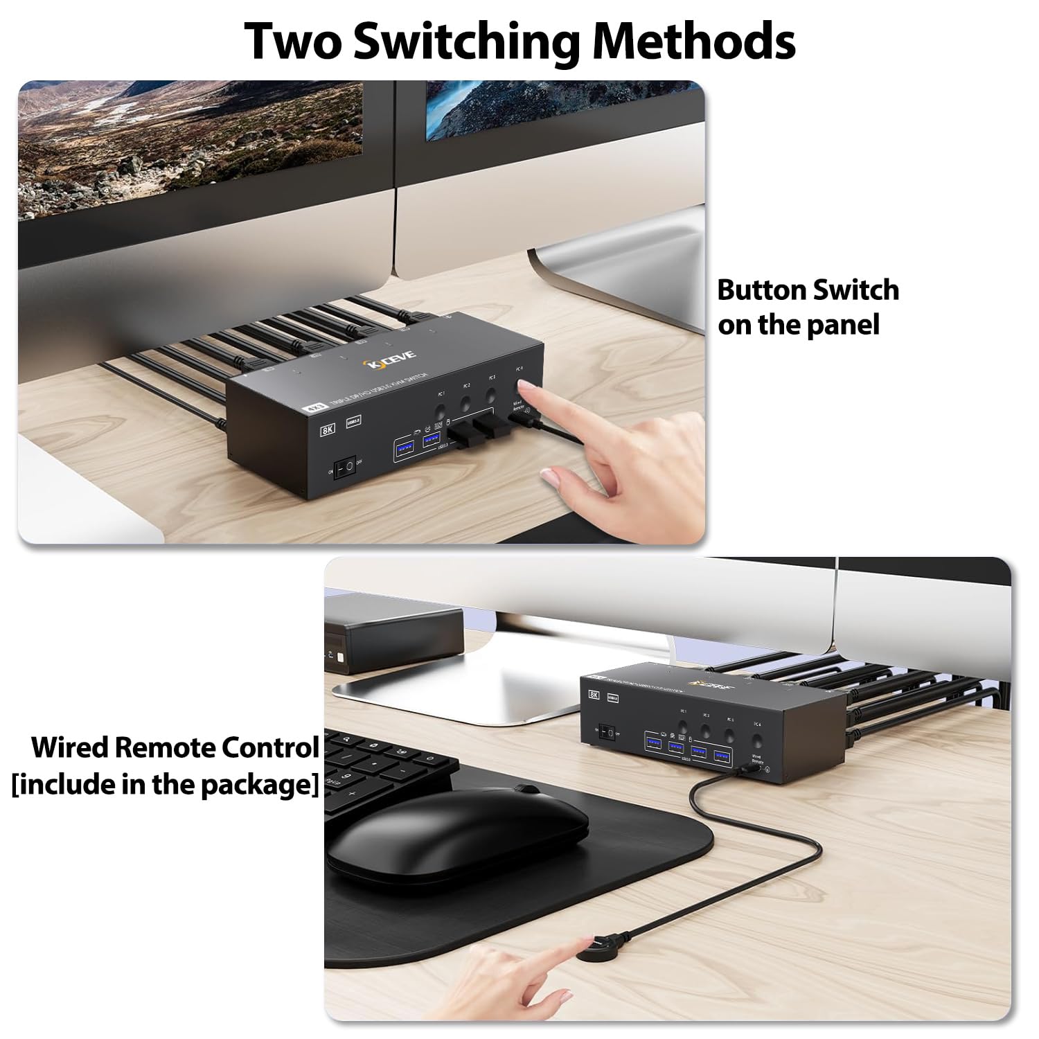 KVM Switch 3 Monitors 4 Computers HDMI + DisplayPort, KCEVE USB 3.0 DP KVM Switcher, 8K@30Hz/4k@144Hz DP KVM for 4 PC Share 3 Display and 4 USB 3.0 Devices