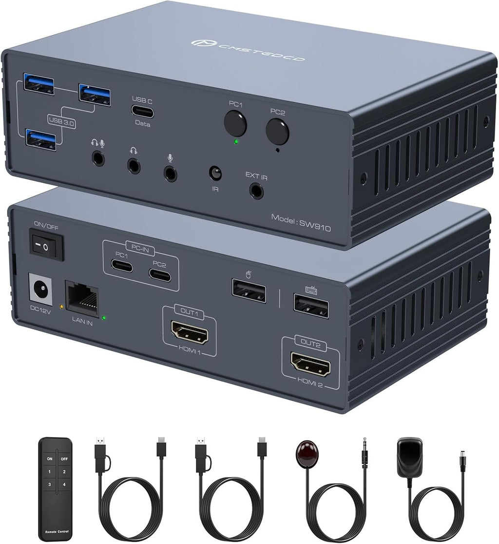 KVM Switch 2 Monitors 2 Computers Docking Station 16-in-1 4K120Hz for M1/M2/M3/M4 with Ethernet EDID, USB 3.0/USB C Thunderbolt 3/4/5 in, 2 HDMI Out Extended/Mirrored Mode for Windows Mac