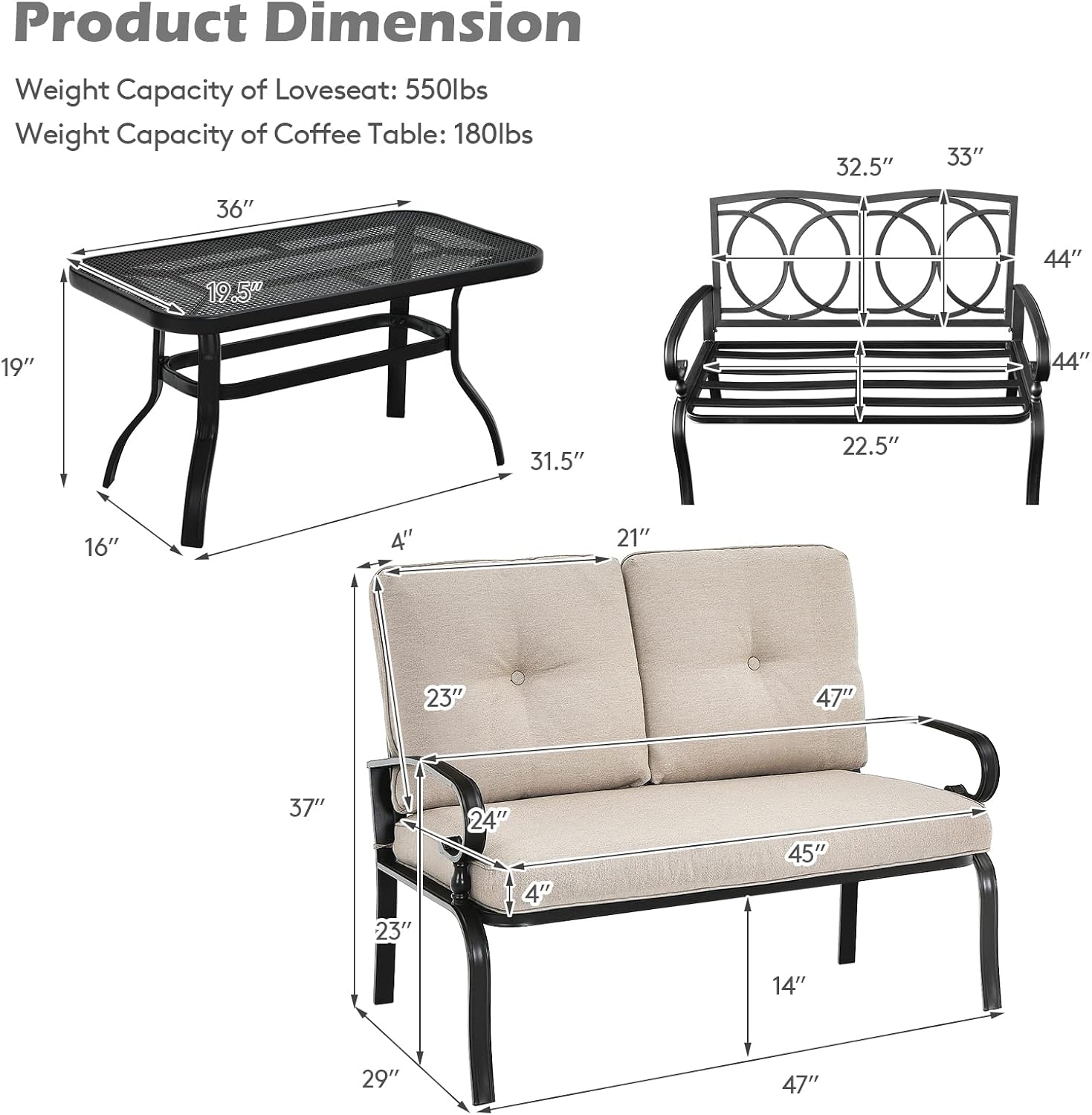 Giantex Patio Loveseat with Coffee Table Outdoor Bench with Cushion and Metal Frame, Loveseat Porch Furniture Set Sofa for Garden, Yard, Patio or Poolside (Light Beige & Black)