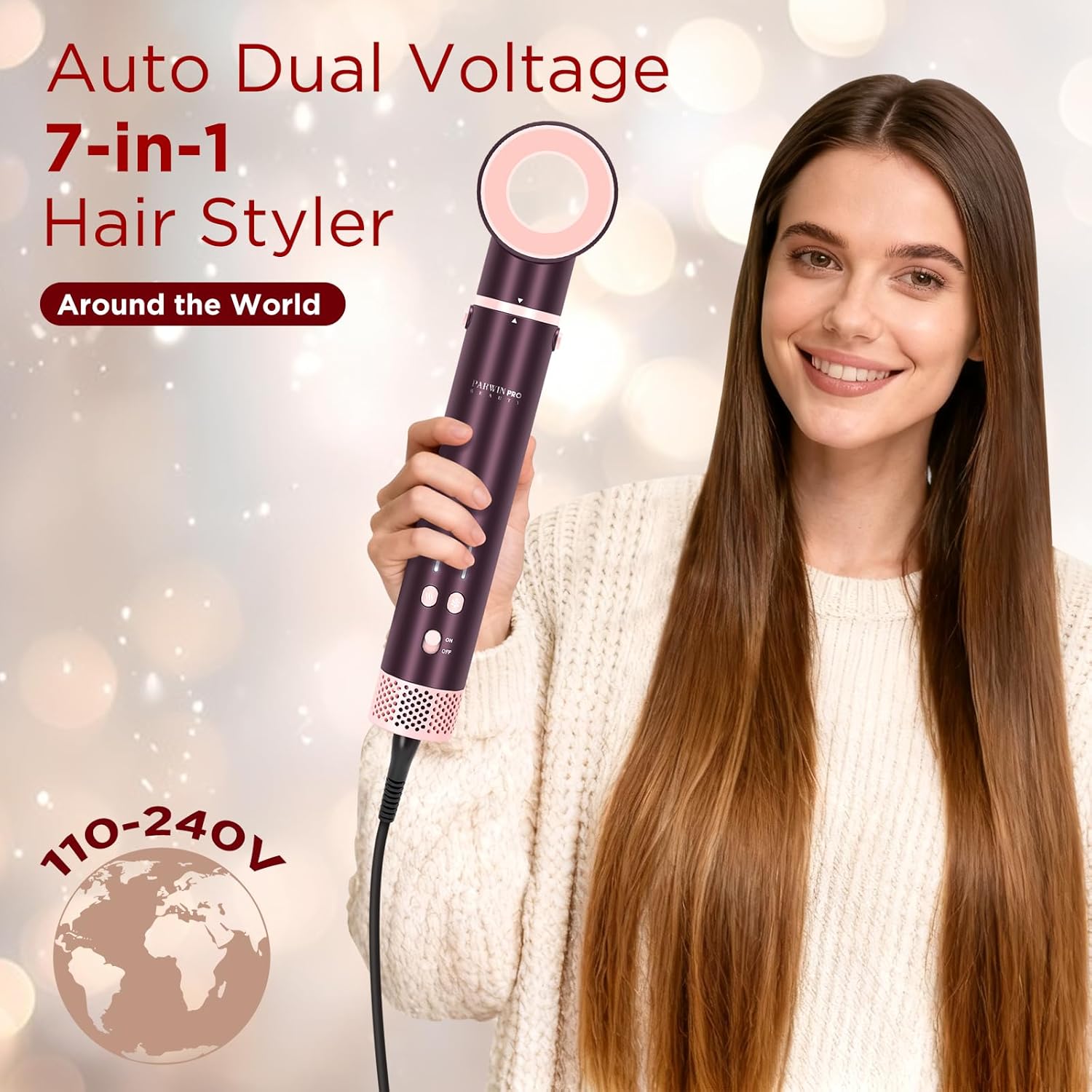 MaxAIR 2.0 7-in-1 Hot Air Styler,Travel Dual Voltage Multi-Styler Set,High Speed Hair Dryer Brush with Air Hair Straightener,1.1 Inch Auto-Wrap Curlers,110,000RPM,Jasper Plum