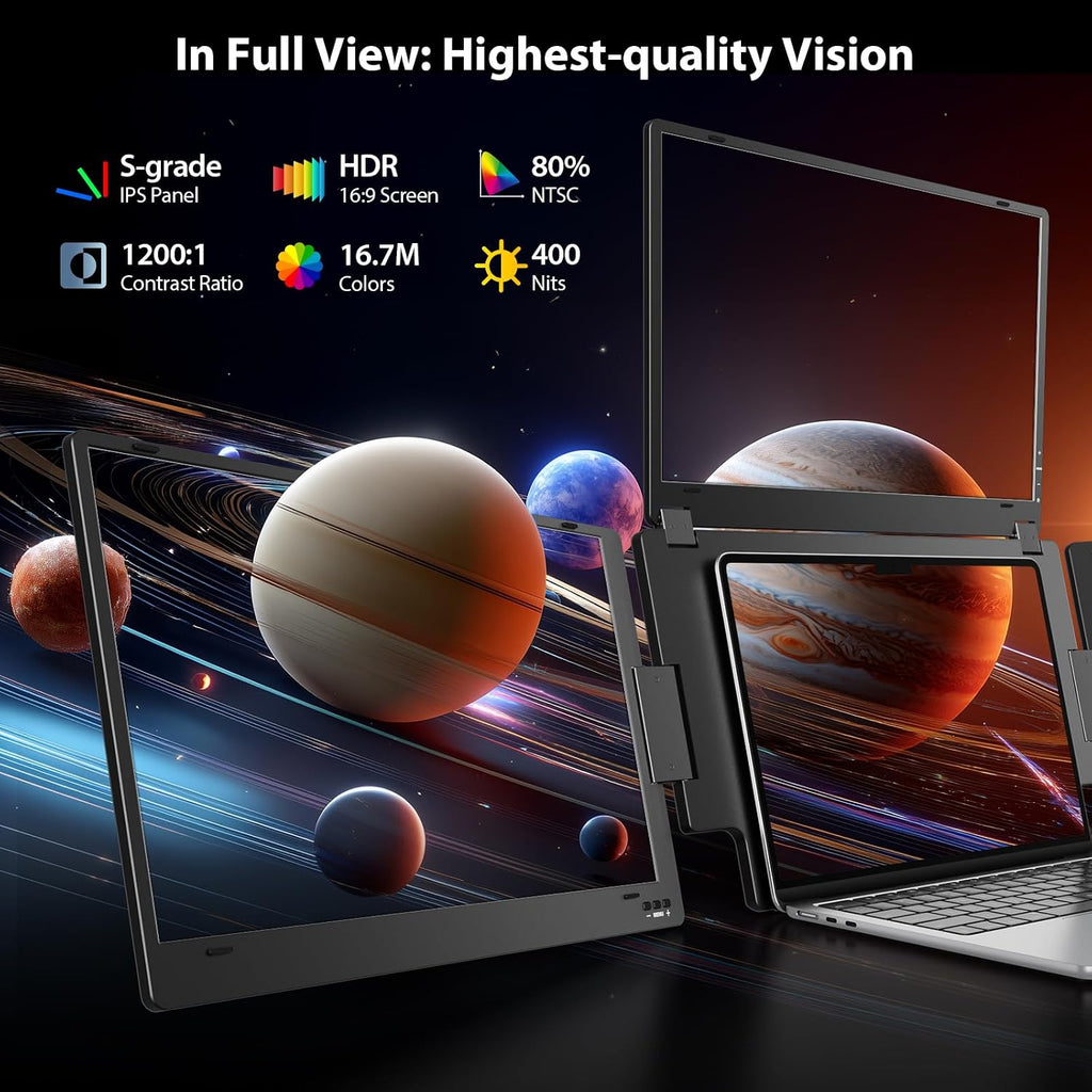 KYY Laptop Screen Extender 15.6''1080P Quad Portable Monitor, Triple Monitor 1 USB-C Connection, Auto-Rotation Top Display, Built-in Stand, for 12–17'' Laptop, for Windows MacOS Linux(Ubuntu)
