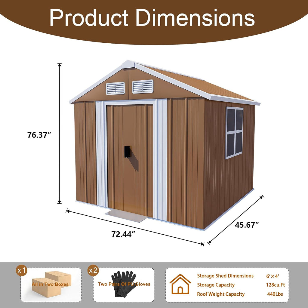 YOPTO 6X4 FT Heavy-Duty Metal Storage Shed with Windows,Waterproof Sheds & Outdoor Storage w/Rolling Door Lockable Door & Ventilation,Tool Organization,Sloped Roof,4-Season Ready,Brown