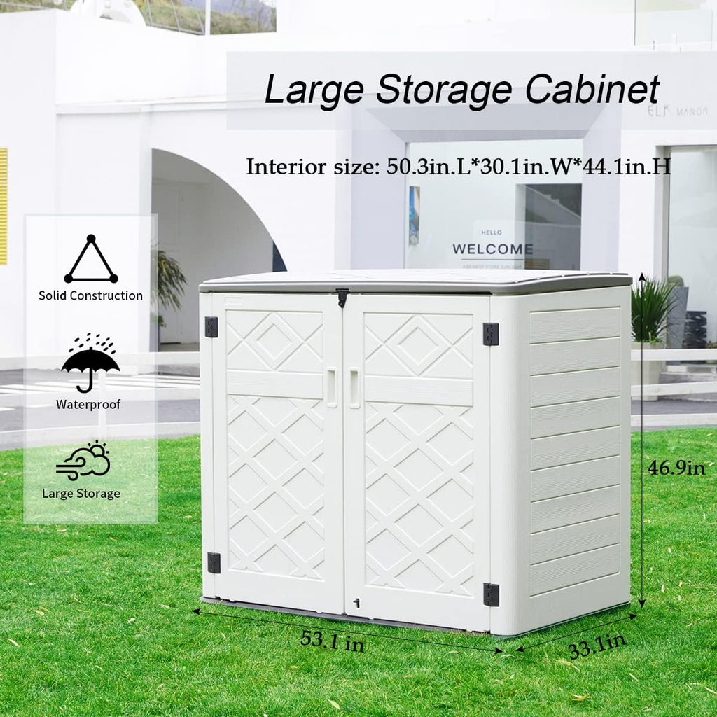 Mrosaa Resin Outdoor Storage Shed, 38 cu.ft Outdoor Storage Box Waterproof for Garden Tools, Patio Furniture, Trash Cans, Garage Storage, Customized Shelves & Lockable (Off White)