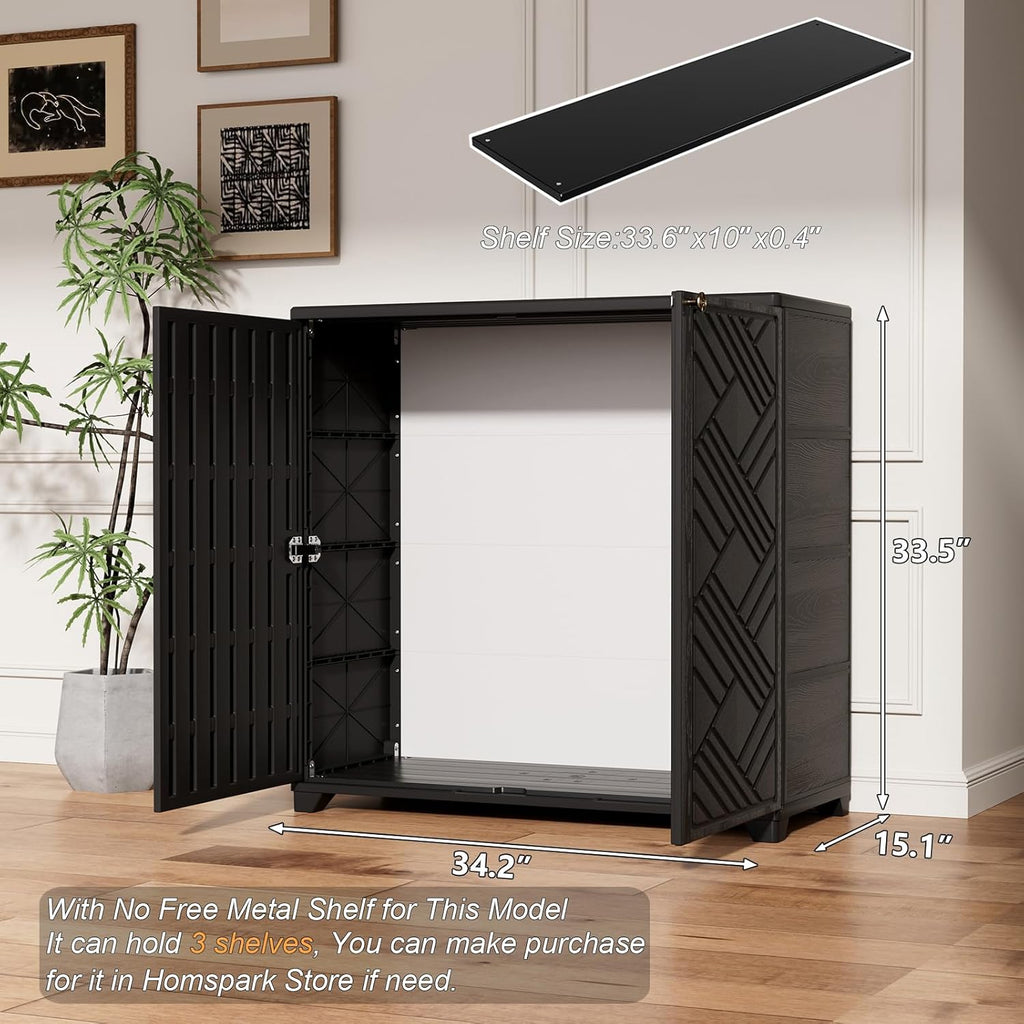 HOMSPARK Indoor/Outdoor Storage Cabinet with Doors, 34'x15'x34' HDPE Plastic Storage Box for Bedroom, Bathroom, Living Room, Balcony, Multi-Purpose for Daily Tools, Black