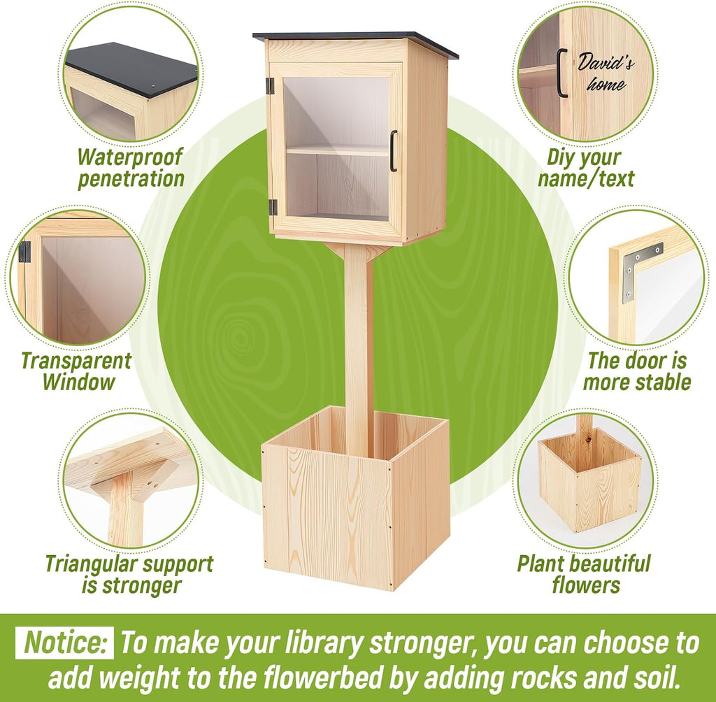 Wonderjune Wooden Little Library Box Outdoor, Weatherproof Double Solid Wood Book Exchange Box with Floor Plugs and Small Flower Fence for Neighborhoods, Community, Literature, School(Natural Wood)