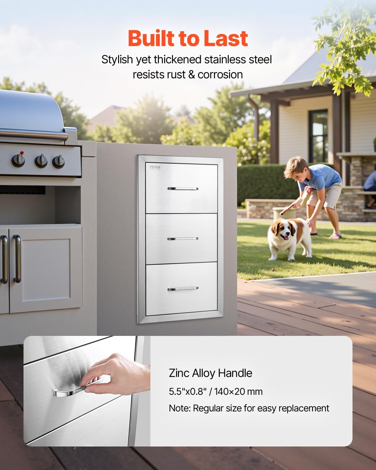 VEVOR Outdoor Kitchen Drawers 16' W x 28.5' H x 20.5' D, Flush Mount Triple Access BBQ Drawers with Stainless Steel Handle, BBQ Island Drawers for Outdoor Kitchens or BBQ Island Patio Grill Station