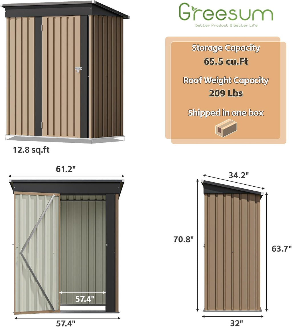 Greesum 5×3FT Outdoor Storage Shed, Metal Patio Storaged Sheds with Lockable Doors, Sheds & Outdoor Storage for Bike, Backyard, Pool and Garden, Brown