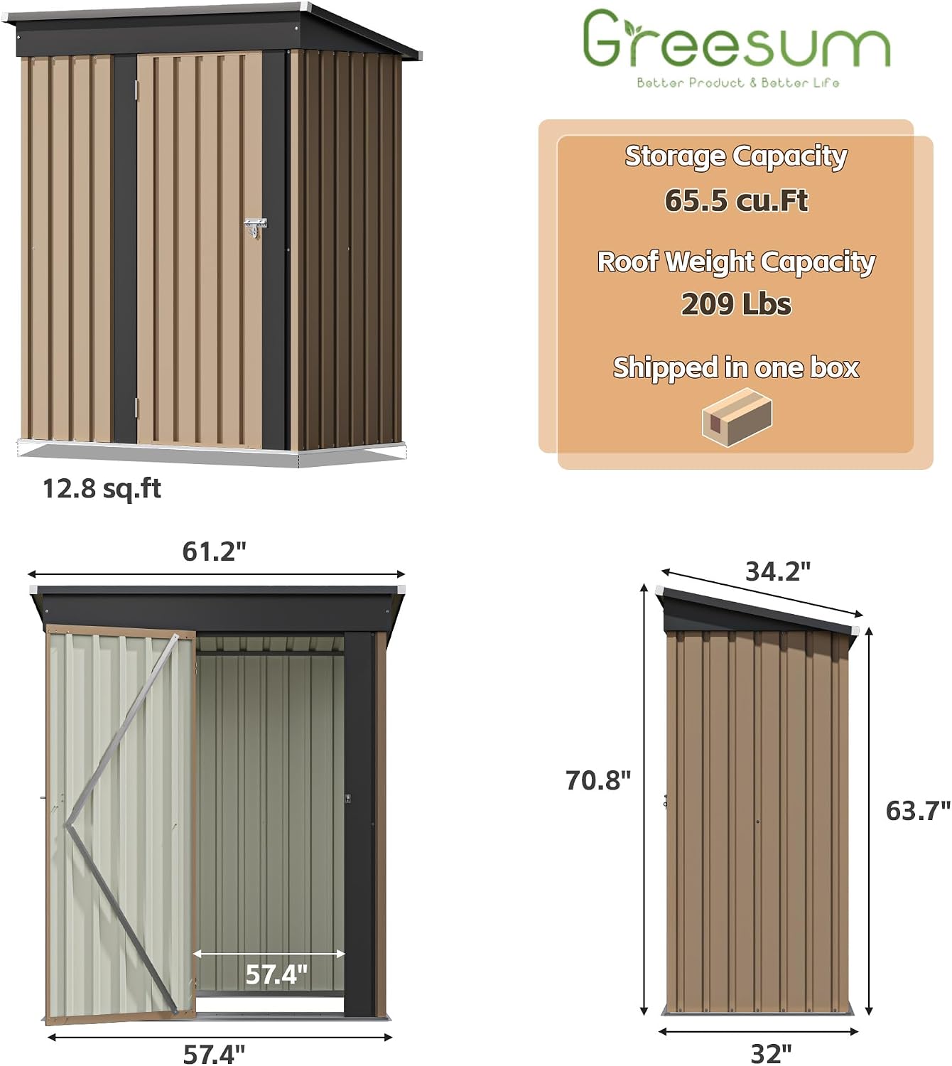 Greesum 5×3FT Outdoor Storage Shed, Metal Patio Storaged Sheds with Lockable Doors, Sheds & Outdoor Storage for Bike, Backyard, Pool and Garden, Brown