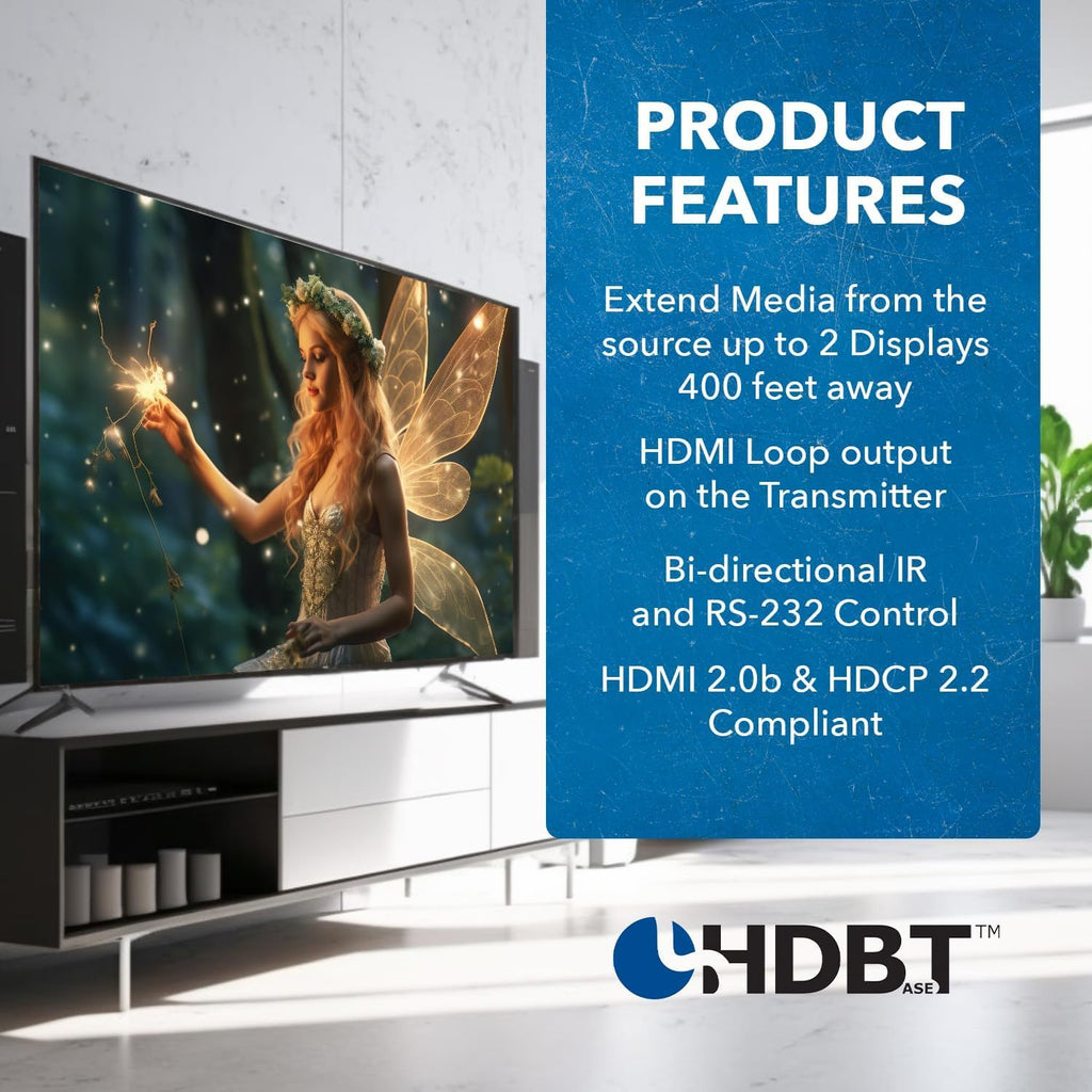 OREI 4K 1x2 HDMI Extender Splitter HDBaseT Over Single Cable CAT6/7 4K@60Hz 4:4:4 HDCP 2.2 with IR Remote EDID Management, HDR - Up to 400 Ft - Loop Out - Low Latency - Power Over Cable