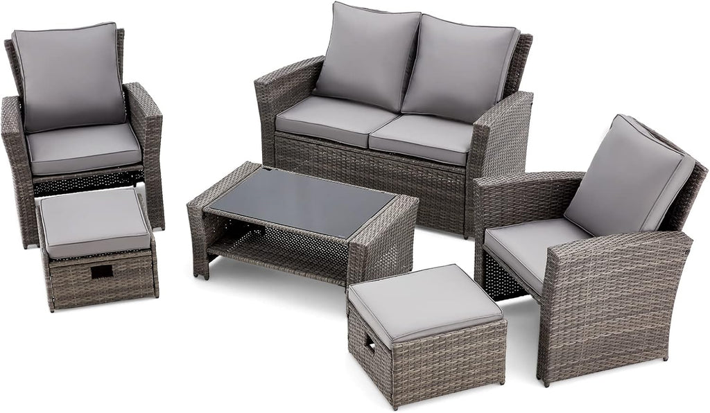 6 Pieces Patio Furniture Set, Outdoor Sectional Conversation Rattan Sofa Set with Ottoman and Outdoor Storage Table for Garden, Porch, Backyard (Dark Gray)