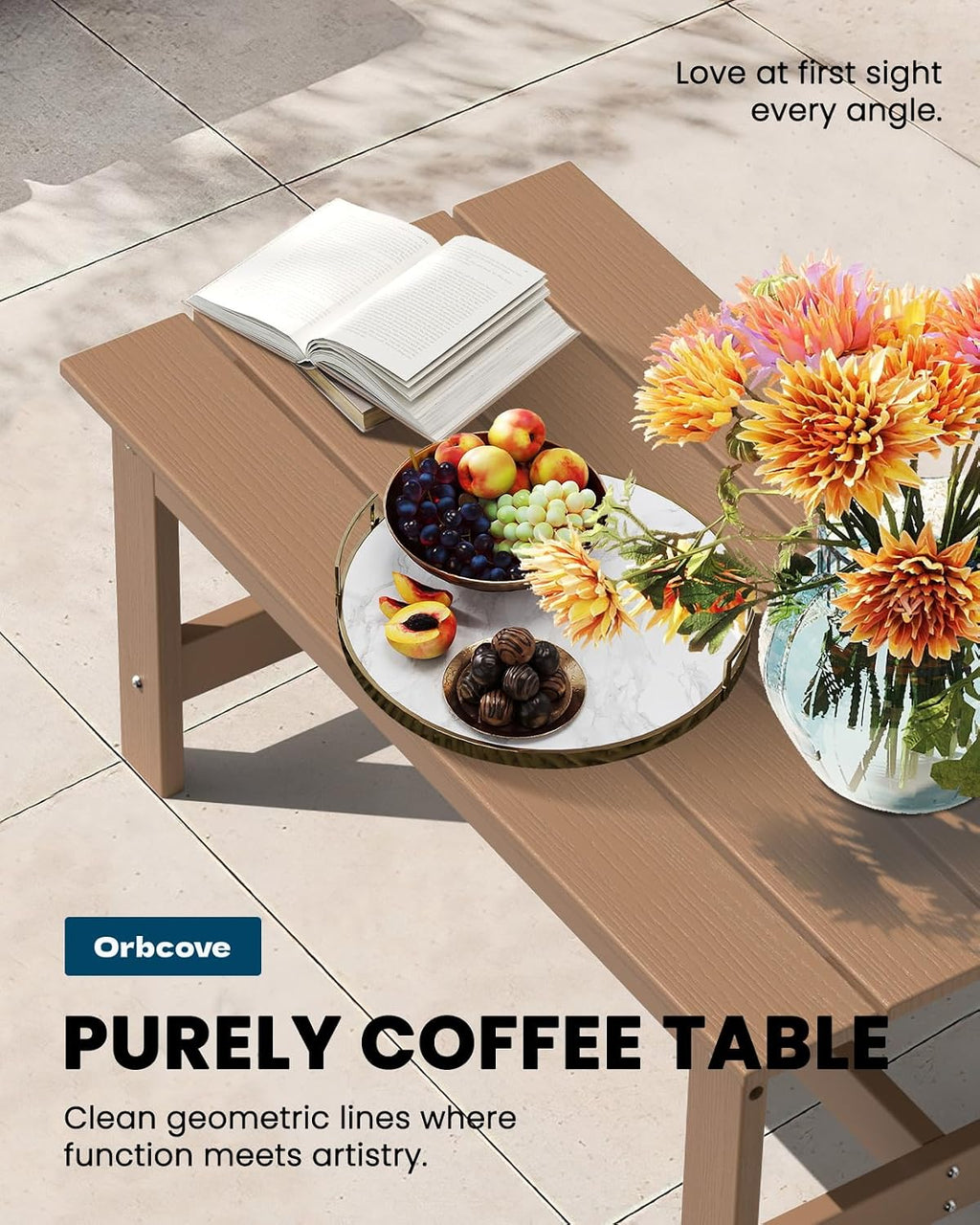 3 Piece Patio Furniture Set, HDPE Wood Grain Outdoor Loveseat and Coffee Table, Patio Conversation Set with Cushions for Porch, Lawn, Garden (Teak