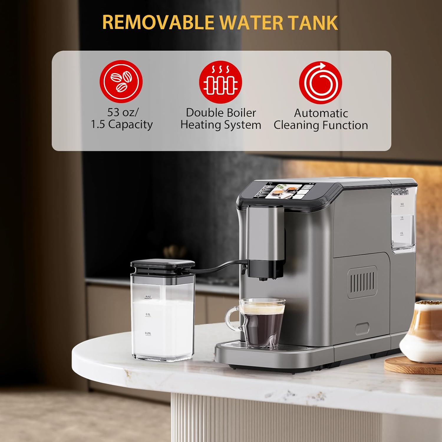 Espresso Maker with Milk Frother - Fully Automatic, 4-Beverage Options, Built-In Grinder, Intuitive Touch Display, and Sleek Finish Gold
