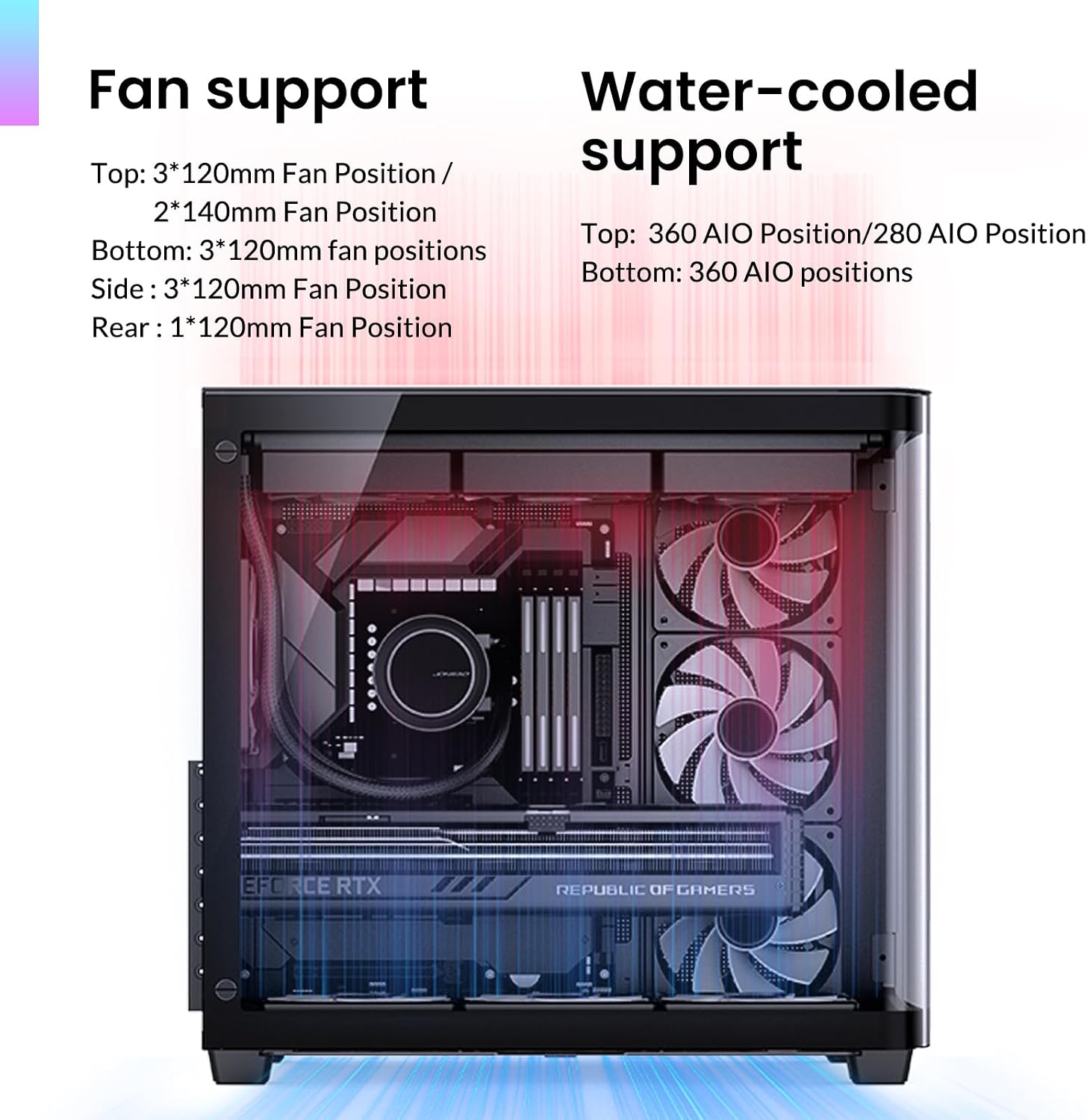 JONSBO TK-3 Black One-Piece Curved Glass ATX Mid Tower Pc Case, One-Piece Curved Glass, SP BTF MB/Dual 360 AIO/ATX PSU/40Series GPU, with 10 Fan Positions, 270 Degree Side View Display,Black Chassis