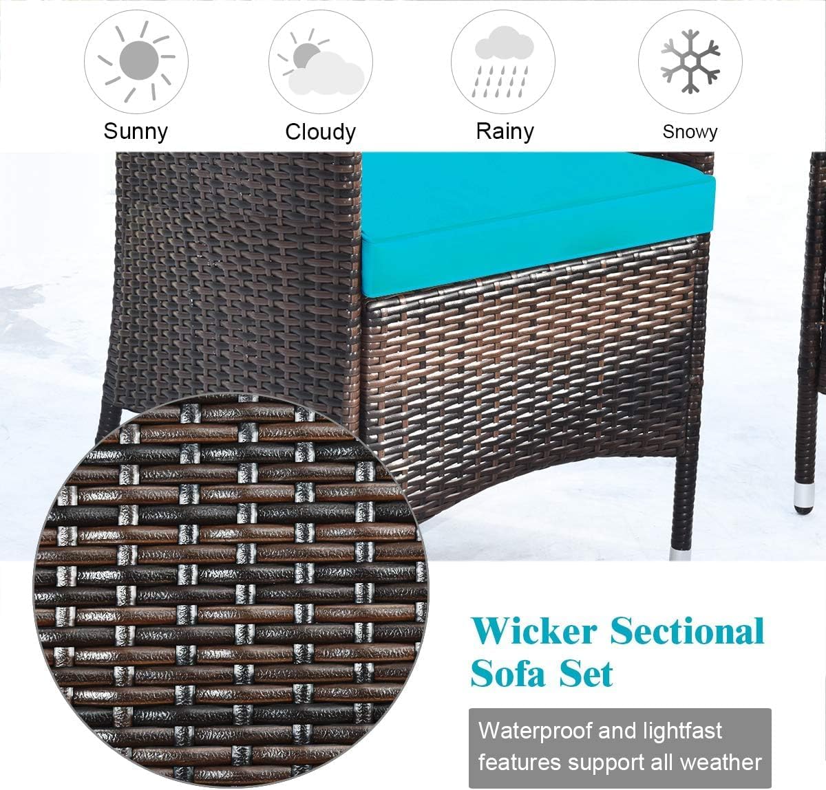 COSTWAY 8PCS Rattan Patio Furniture Set, Outdoor Wicker Rattan Chairs with Coffee Table, Rattan Cushioned Conversation Set for Backyard Balcony Porch Poolside, Turquoise