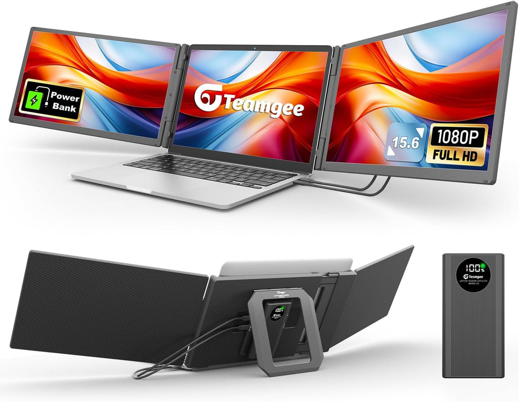 Teamgee 15.6' Laptop Screen Extender with Power Bank, FHD 1080P IPS Triple Monitor, HDMI/USB/Hub Plug-Play Display, Fits 13-17' Laptops (Mac/Windows/Android), Ideal for Home Office/Small Business