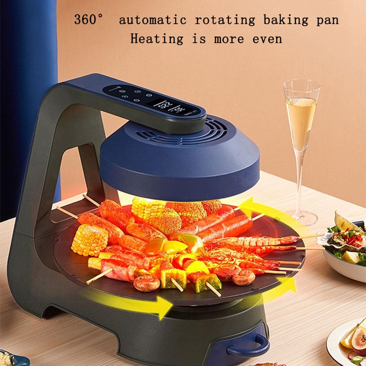 2024 New Smokeless Grill Indoor, 1400W Electric 3D Far Infrared Rapid Heating Grill Griddle, 11 Temperature Levels, 360° Automatic Rotation, LCD Display Barbecue Machine for Home Party Camping