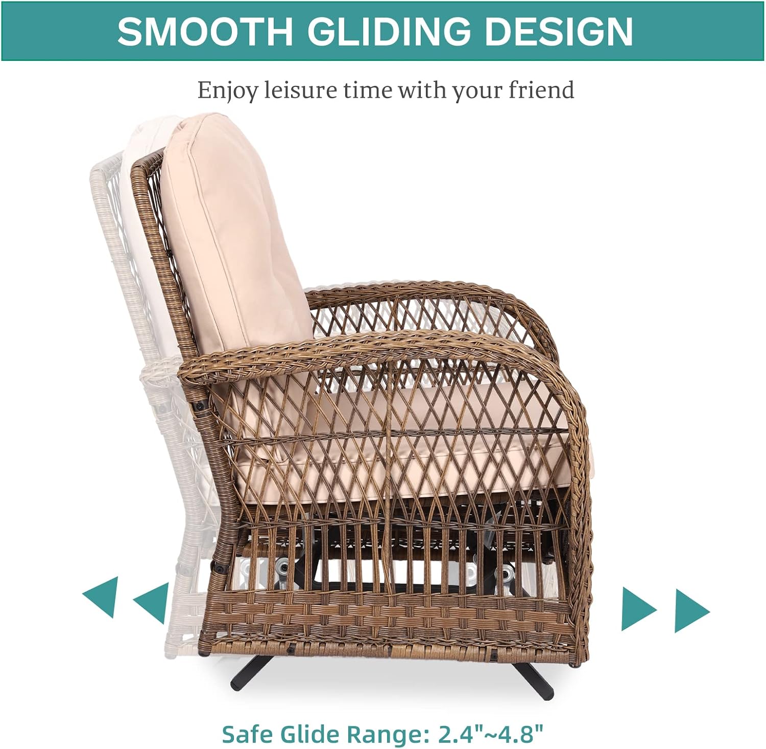 MEETWARM Patio Wicker Rocking Glider Set, All-Weather Outdoor Rattan Patio Rocking Chairs of 2, Patio Conversation Set with Thickened Cushions for Porch Garden & Backyard, Brown