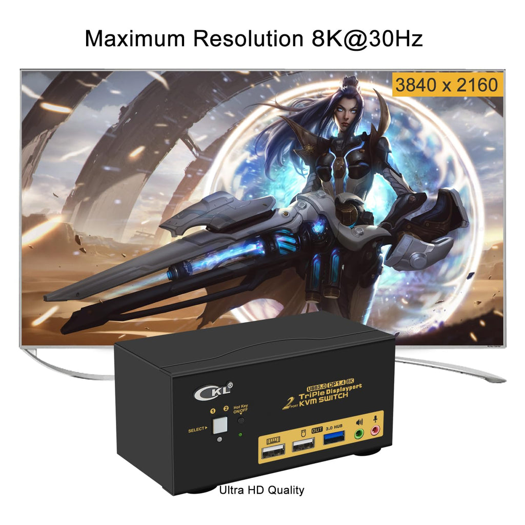 CKL KVM Switch DisplayPort 1.4 8K@30Hz 5K@60Hz 4K@144Hz(2 Computers 3 Monitors)
