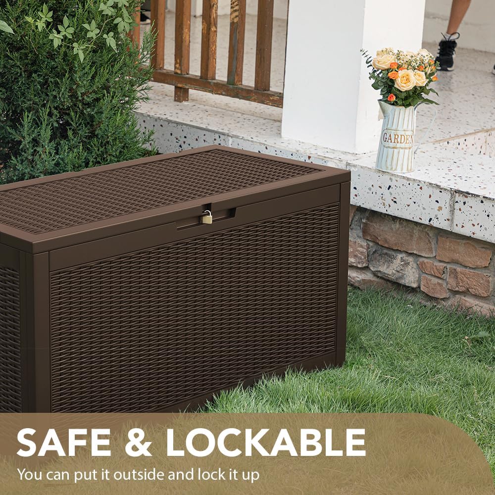Devoko 95 Gallon Deck Box Large Resin Outdoor Storage Box, Waterproof and UV Resistant Lockable for Outdoor and Patio, Large Storage Cabinet for Patio Furniture, Garden Tools and Pool Supplies, Brown