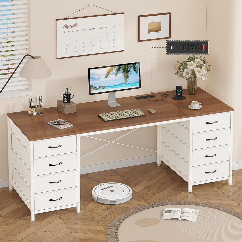 YOMILUVE 60 Inch Computer Desk with 8 Drawers, Home Office Desk with Power Outlets, Work Study Gaming Desk with 8 Fabric Drawers, Brown and White