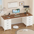 YOMILUVE 60 Inch Computer Desk with 8 Drawers, Home Office Desk with Power Outlets, Work Study Gaming Desk with 8 Fabric Drawers, Brown and White