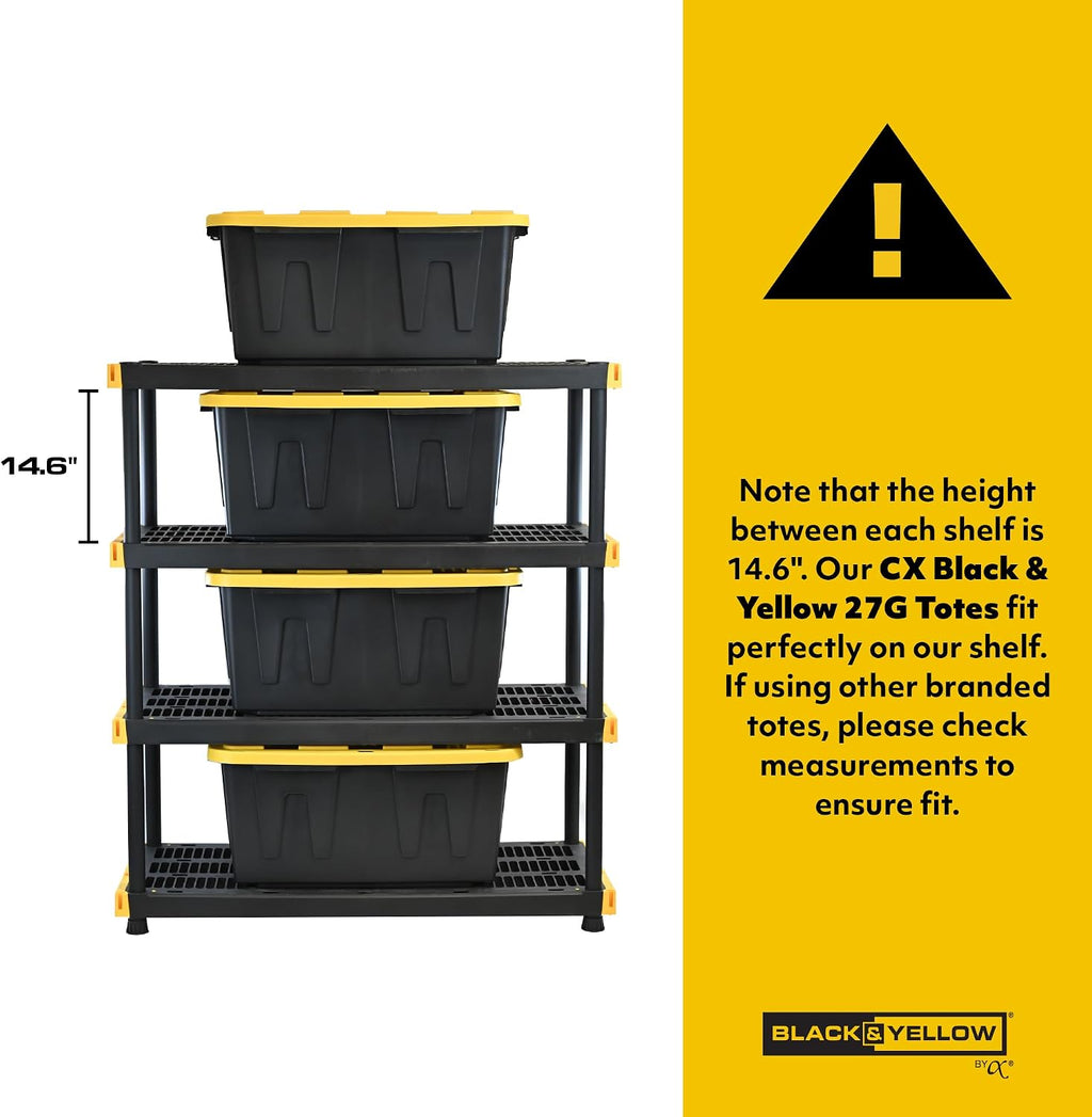 CX Black & Yellow, 4-Tier Heavy Duty Plastic Storage Shelves that Support up to 200lbs/shelf, Organization and Storage, Weather-Resistant Design, Easy Assembly (55'H x 48'W x 20'D)