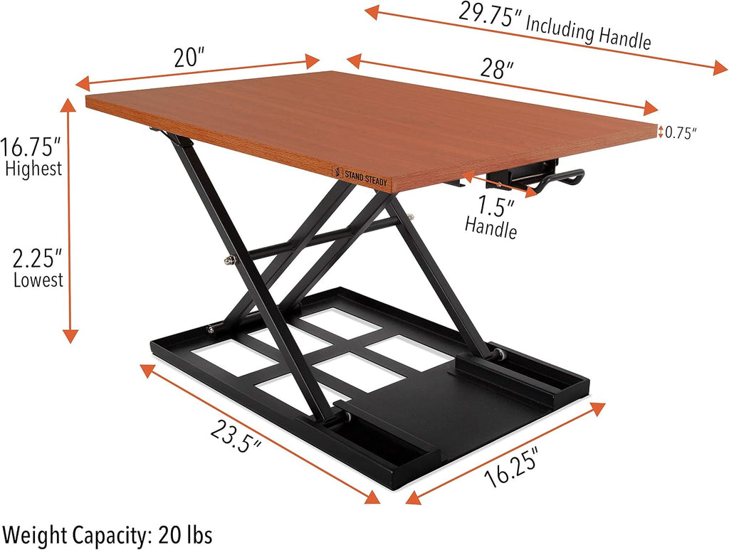 Stand Steady X-Elite Pro, Ergonomic Adjustable Height Standing Desk Converter for Home or Office, Easy Lift Sit to Stand Laptop Desk Riser for Laptop and Computer Monitor (Cherry, 28in x 20in)