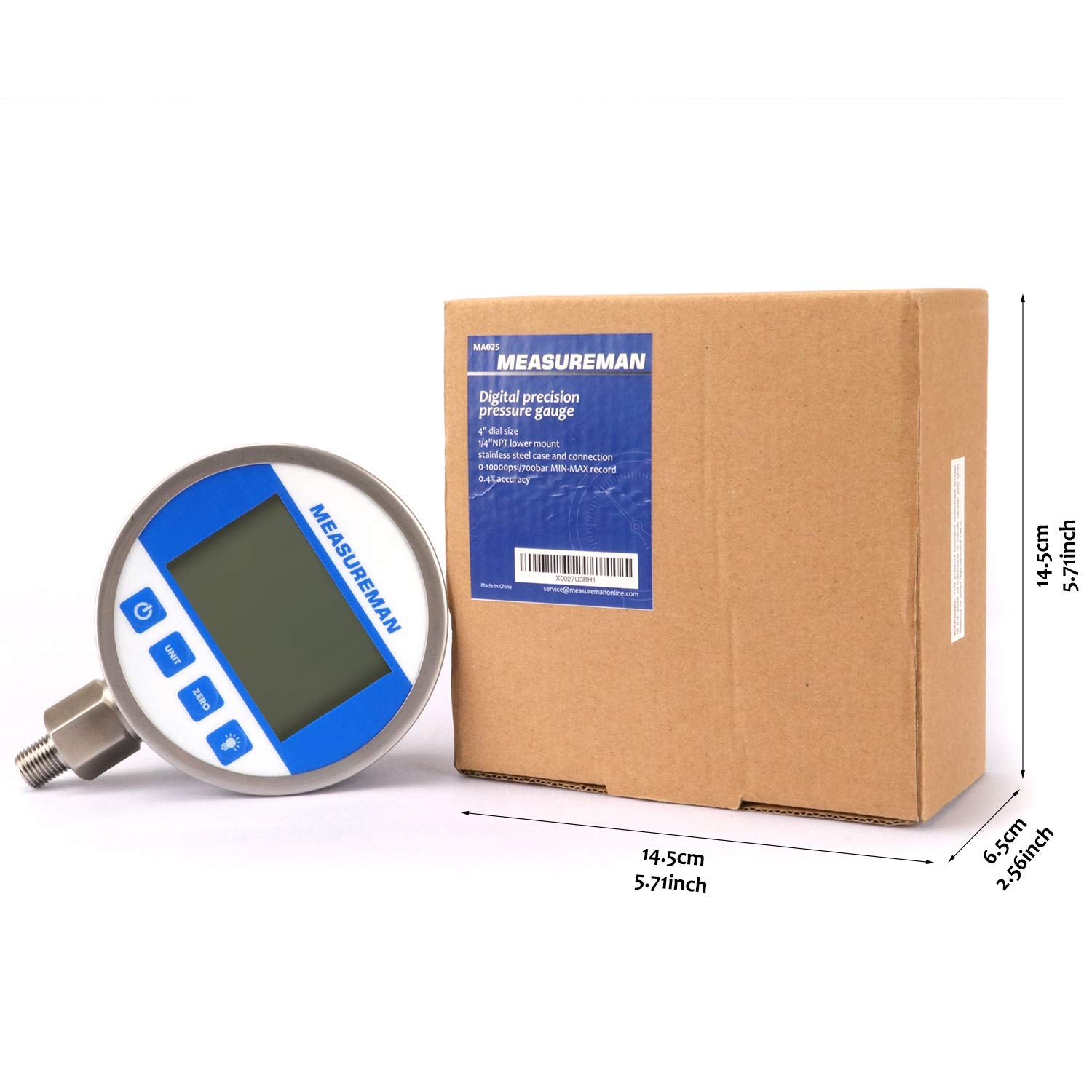 MEASUREMAN 4' dial, High Precision Hydraulic Industrial Digital Pressure Gauge 0-10000psi/bar, 1/4' NPT Lower, Stainless Steel Case and Connection, 0.4%,Battery and Micro USB Powered, with LED Light